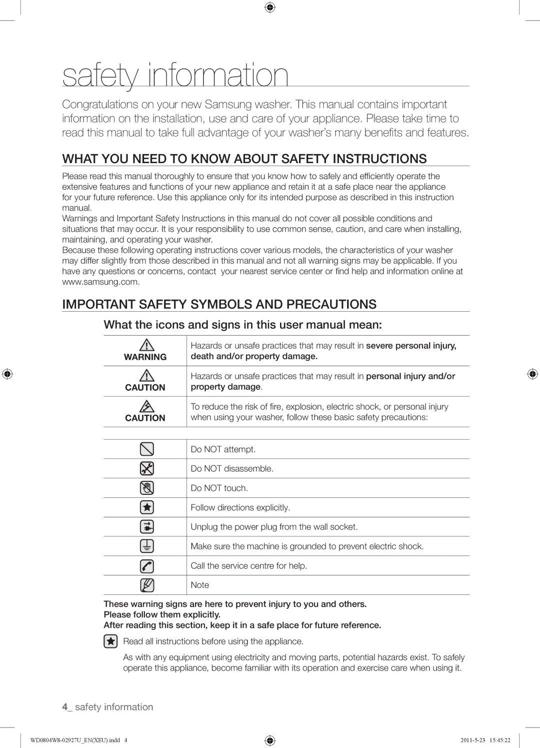 Samsung WF1702WSW2/YLE, WD0804W8E1/XEF, WF1702WSW2/YLV manual Safety information 