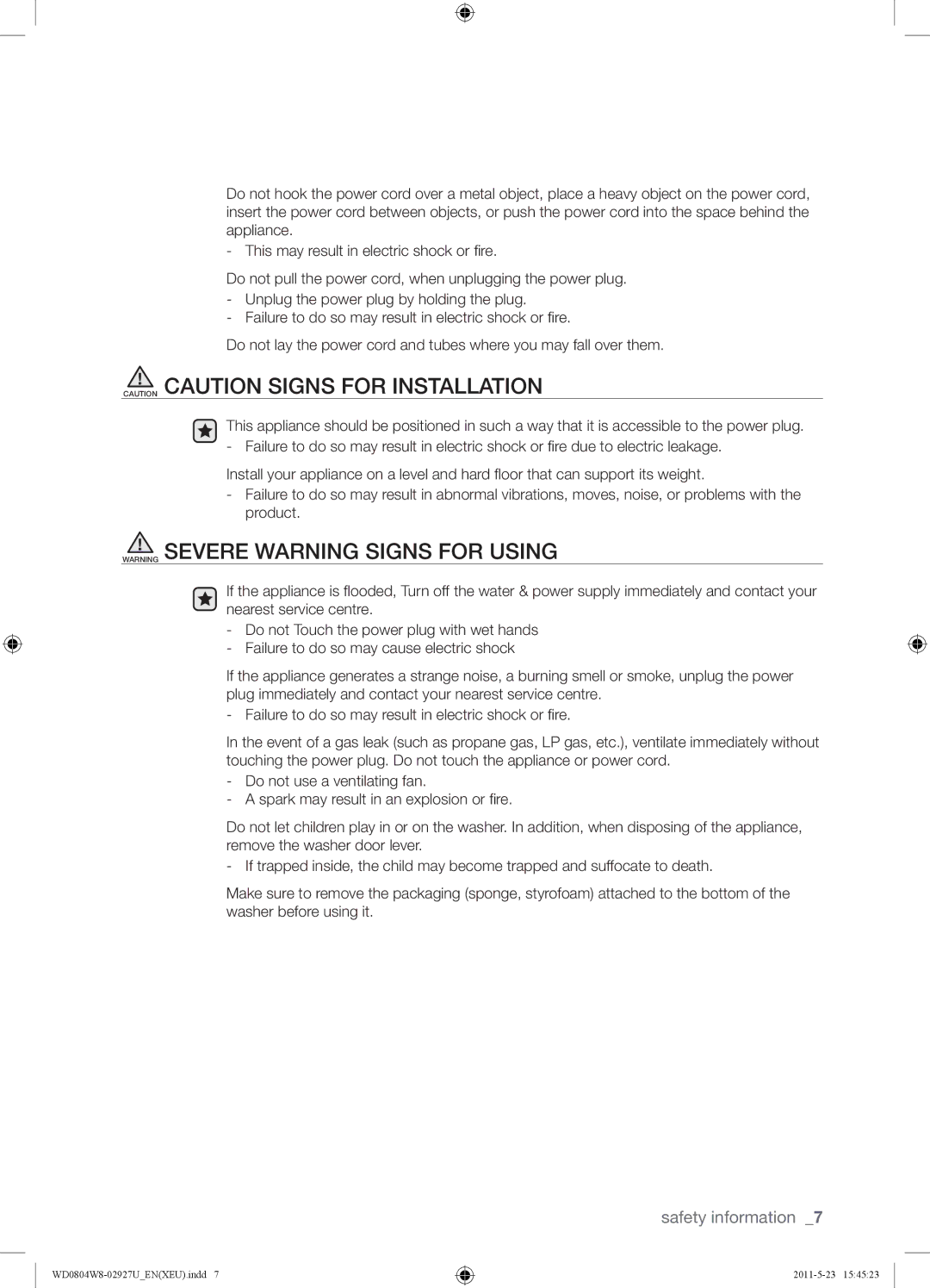 Samsung WF1702WSW2/YLE, WD0804W8E1/XEF, WF1702WSW2/YLV manual Safety information 