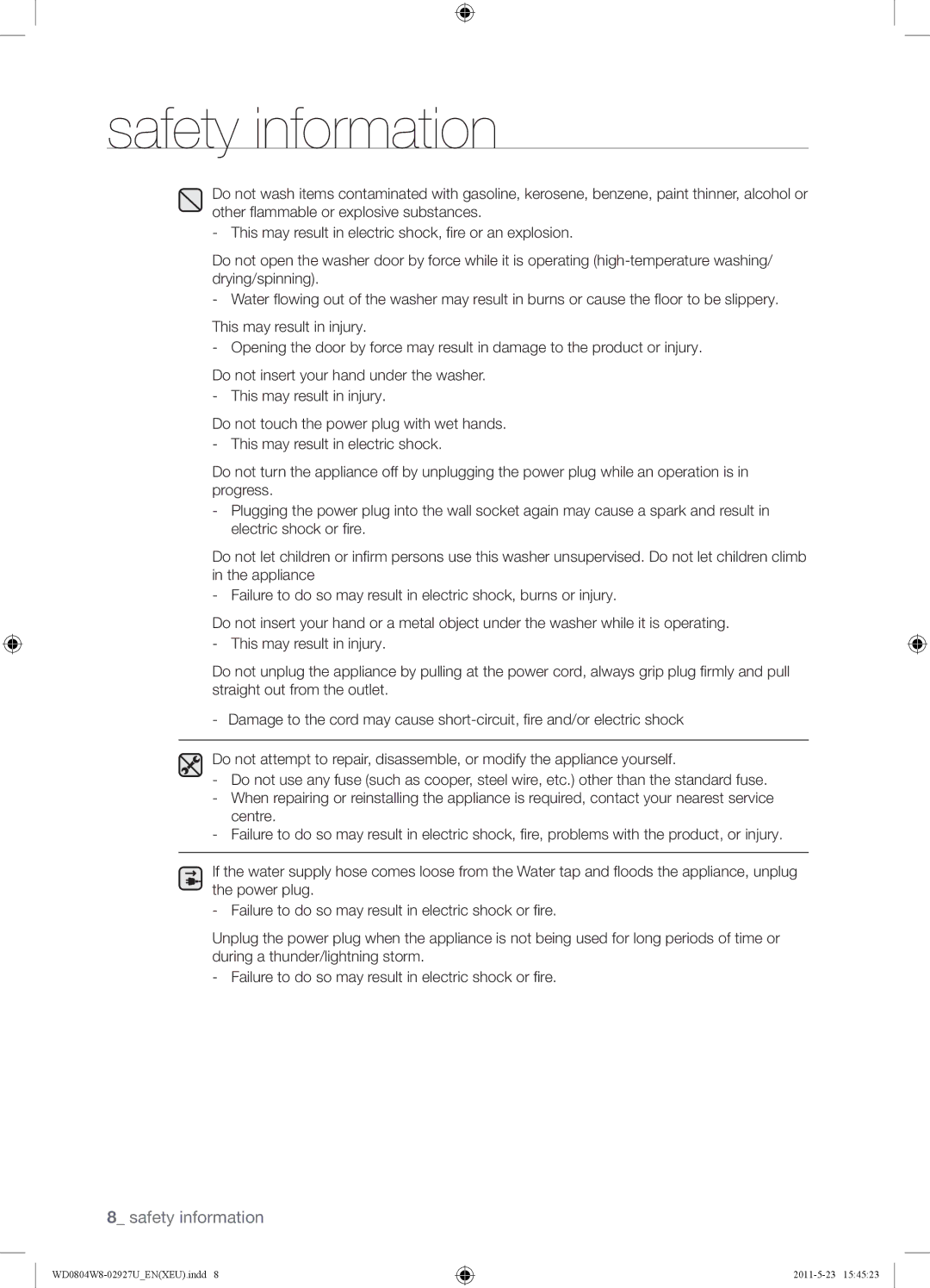 Samsung WF1702WSW2/YLV, WD0804W8E1/XEF, WF1702WSW2/YLE manual Safety information 