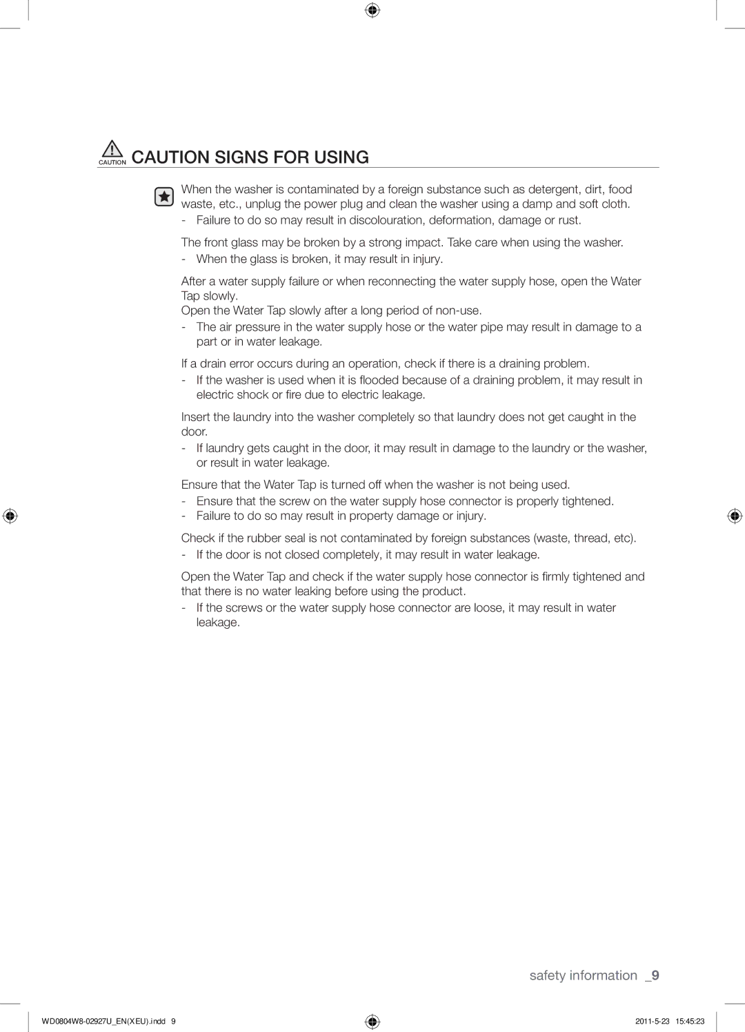 Samsung WD0804W8E1/XEF, WF1702WSW2/YLE, WF1702WSW2/YLV manual Safety information 