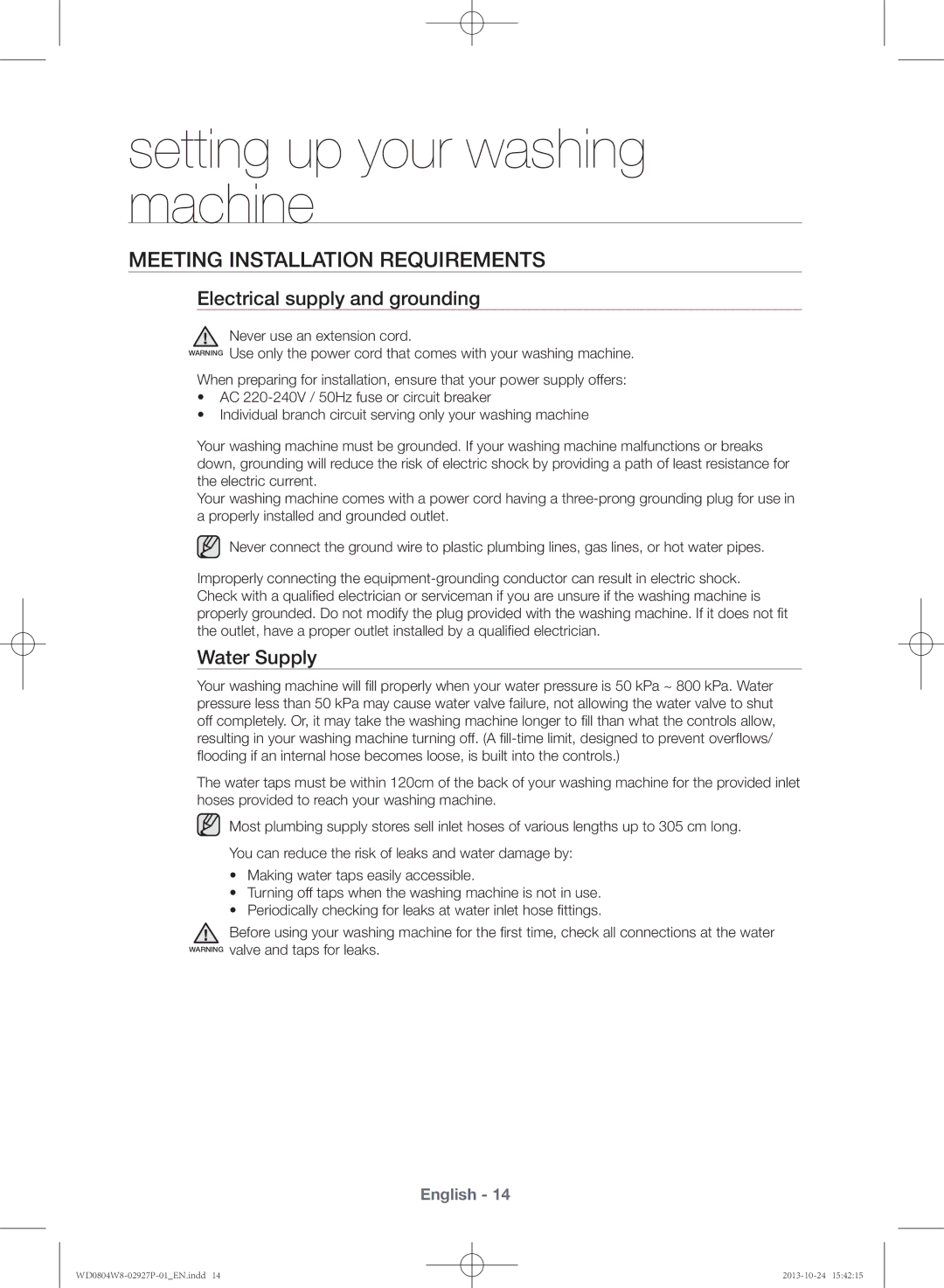 Samsung WD0804W8E1/XSV manual Meeting installation requirements, Electrical supply and grounding, Water Supply 