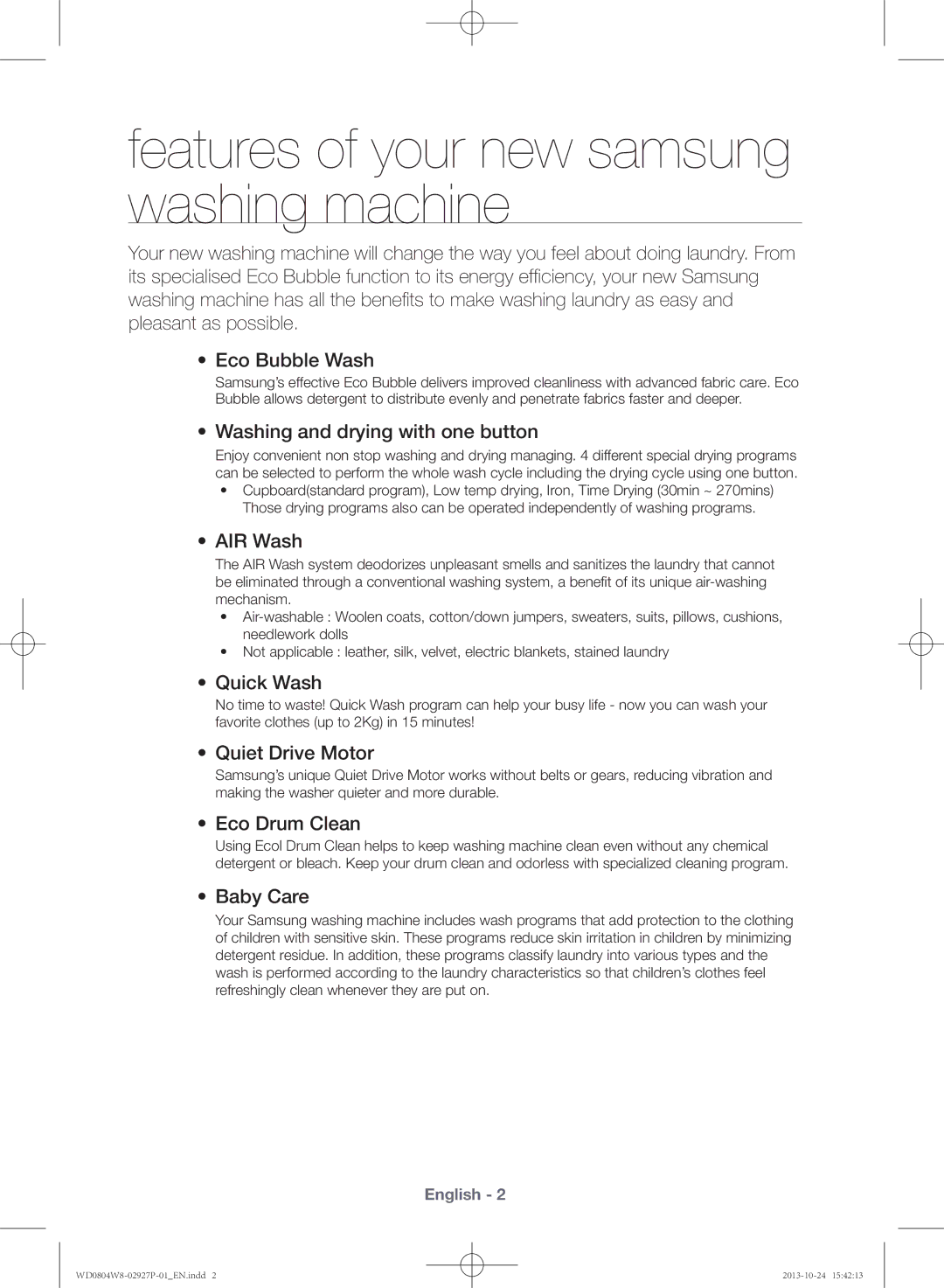 Samsung WD0804W8E1/XSV manual Features of your new samsung washing machine 