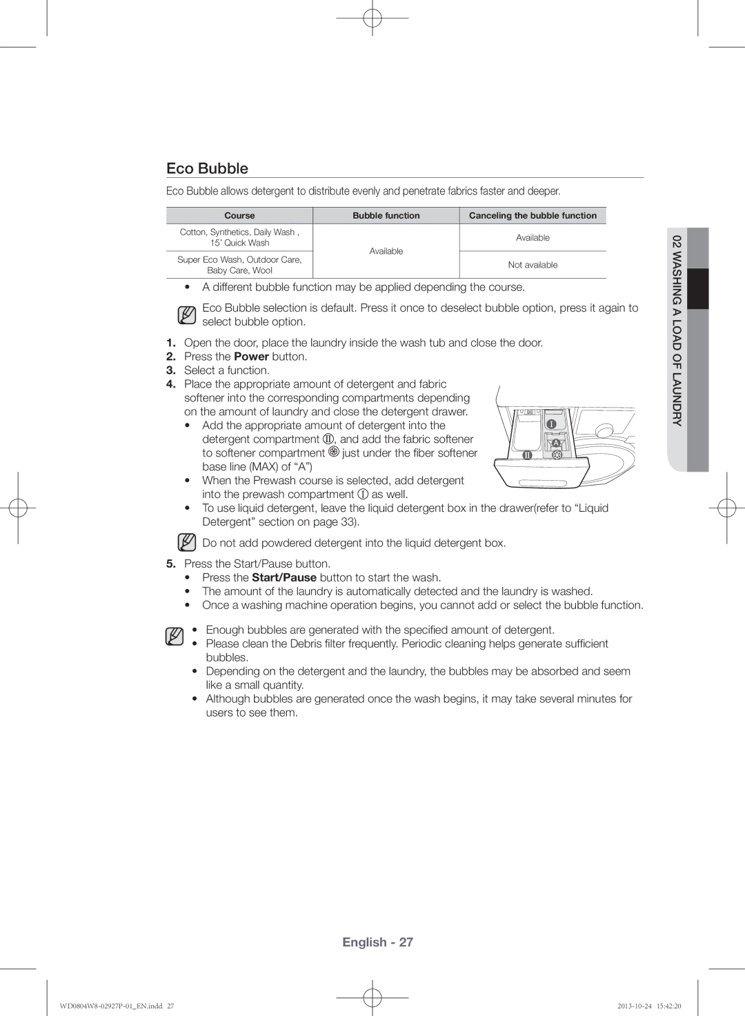 Samsung WD0804W8E1/XSV manual Eco Bubble, Course Bubble function Canceling the bubble function 