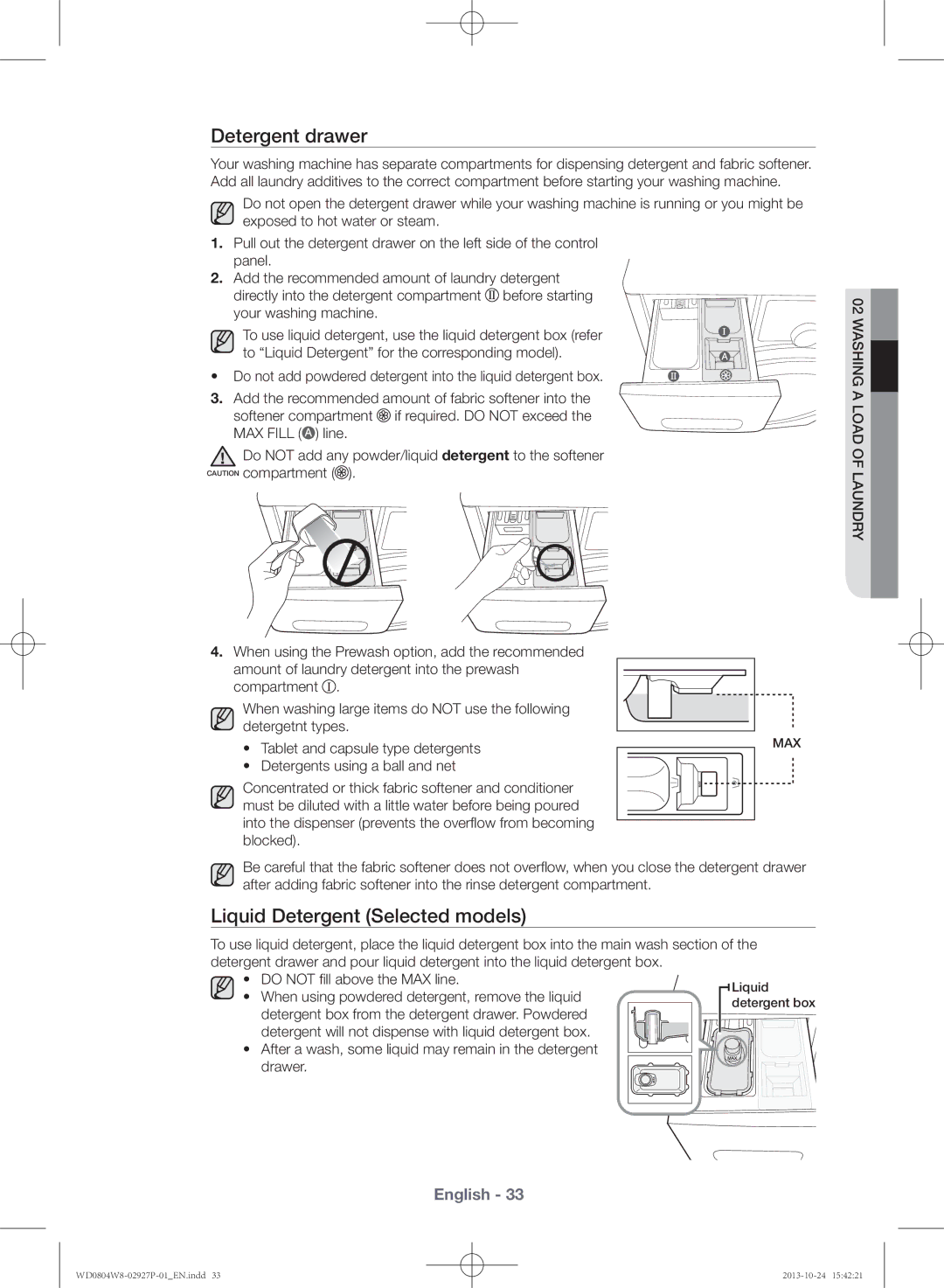 Samsung WD0804W8E1/XSV manual Detergent drawer, Liquid Detergent Selected models 