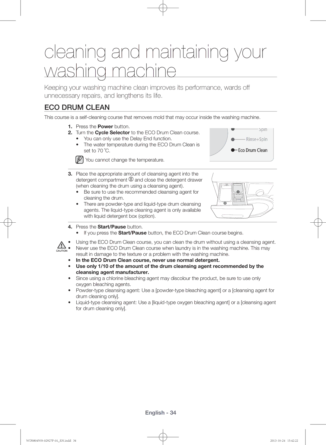 Samsung WD0804W8E1/XSV manual Cleaning and maintaining your washing machine, Eco Drum Clean 