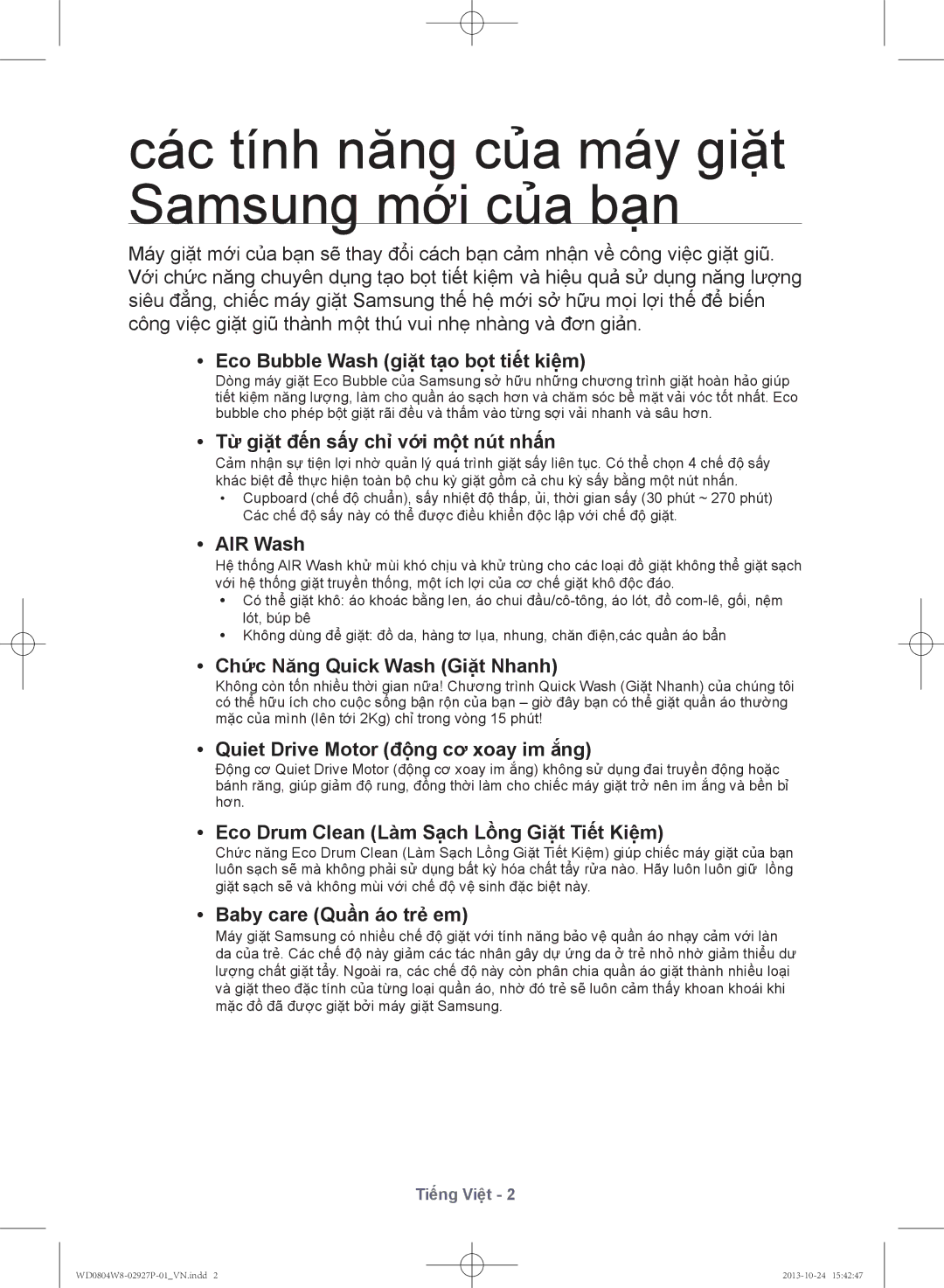 Samsung WD0804W8E1/XSV manual Các tính năng của máy giặt Samsung mới của bạn 