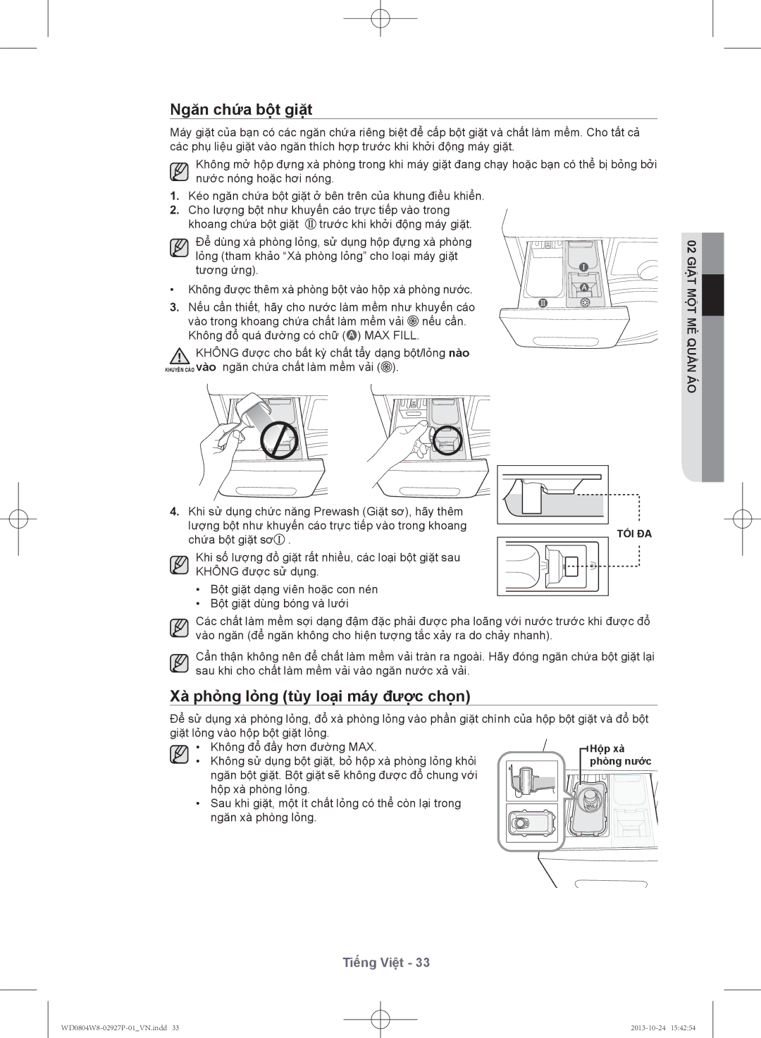 Samsung WD0804W8E1/XSV manual Ngăn chứ́a bột giặ̣t, Xà phỏ̉ng lỏ̉ng tùy loạ̣i máy được chọ̣n 