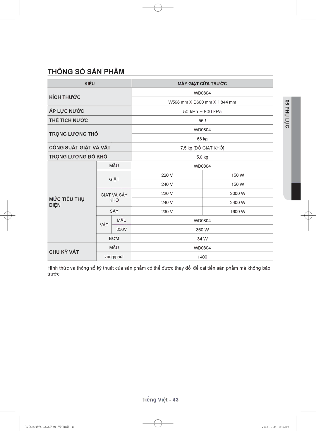 Samsung WD0804W8E1/XSV manual Thông số sản phẩm 