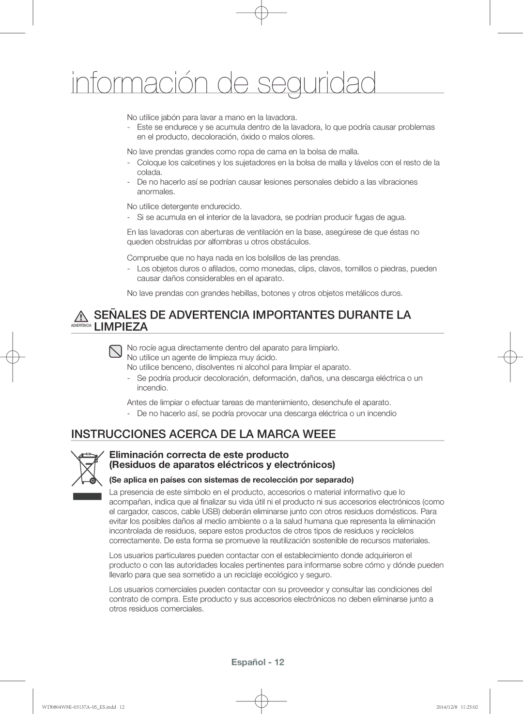 Samsung WD0804W8E/XEC Instrucciones acerca de la marca Weee, Se aplica en países con sistemas de recolección por separado 