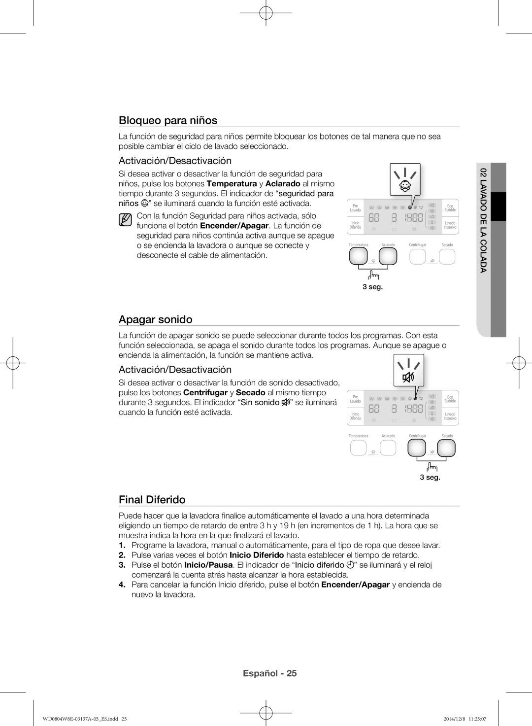 Samsung WD0804W8E3/XEC, WD0804W8E/XEC manual Bloqueo para niños, Apagar sonido, Final Diferido 