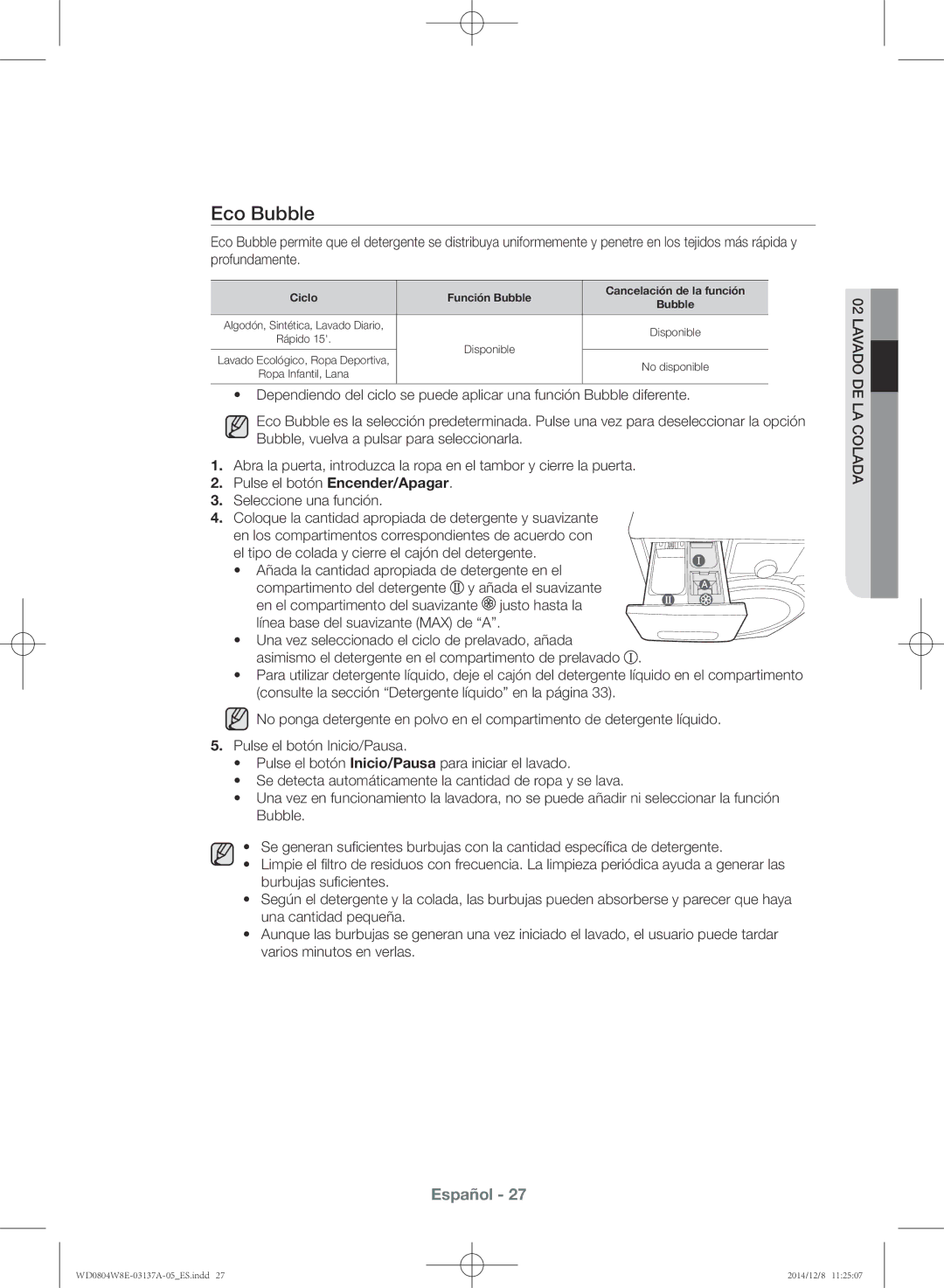 Samsung WD0804W8E3/XEC, WD0804W8E/XEC manual Eco Bubble, Ciclo Función Bubble Cancelación de la función 