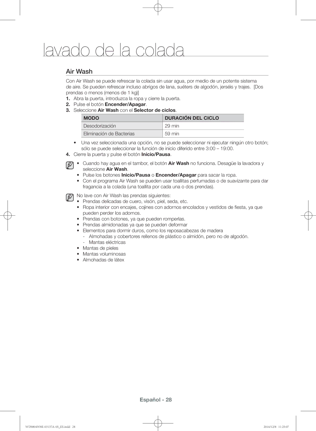 Samsung WD0804W8E/XEC, WD0804W8E3/XEC manual Seleccione Air Wash con el Selector de ciclos, Modo Duración DEL Ciclo 