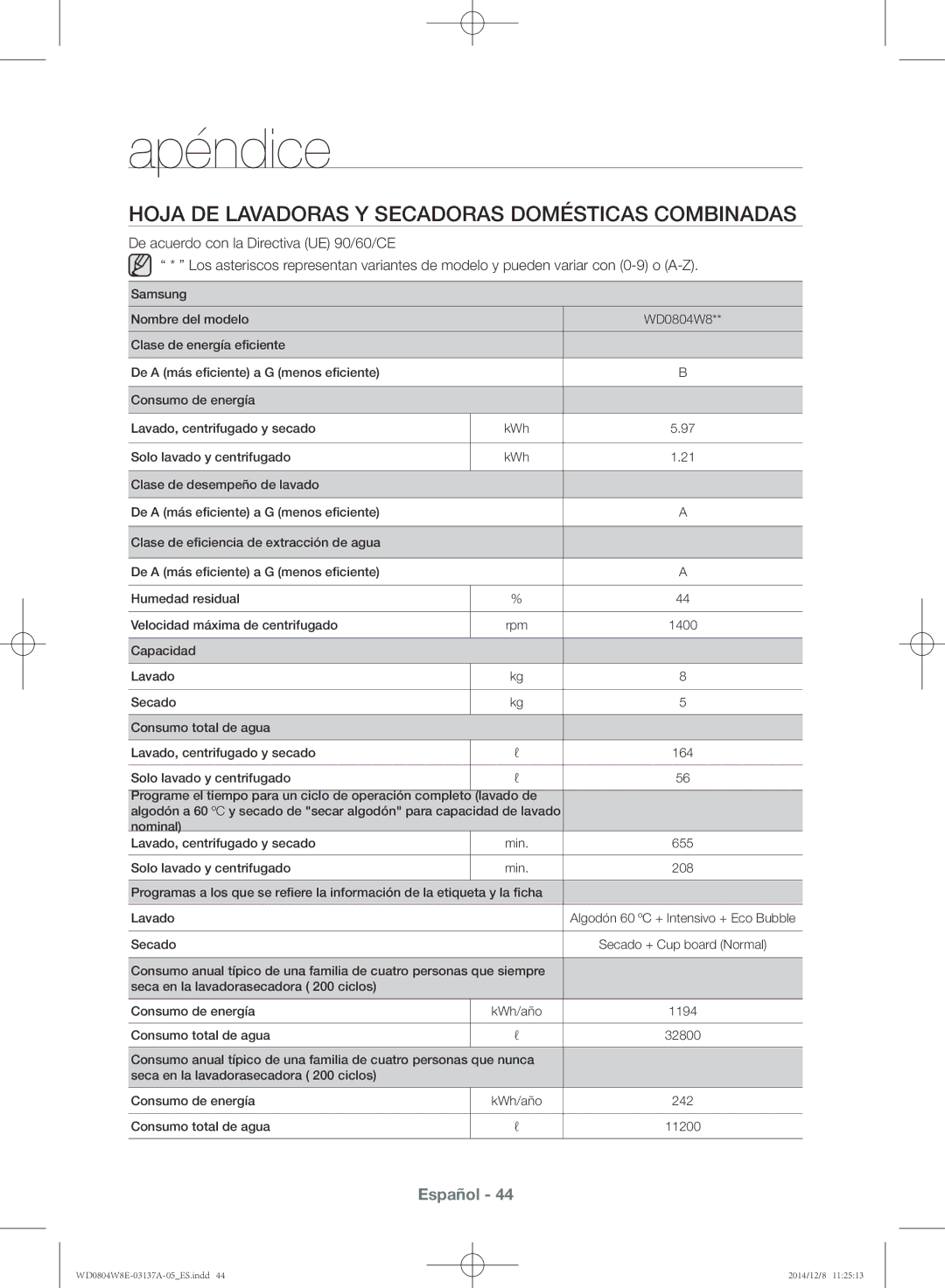 Samsung WD0804W8E/XEC, WD0804W8E3/XEC manual Hoja de lavadoras y secadoras domésticas combinadas 