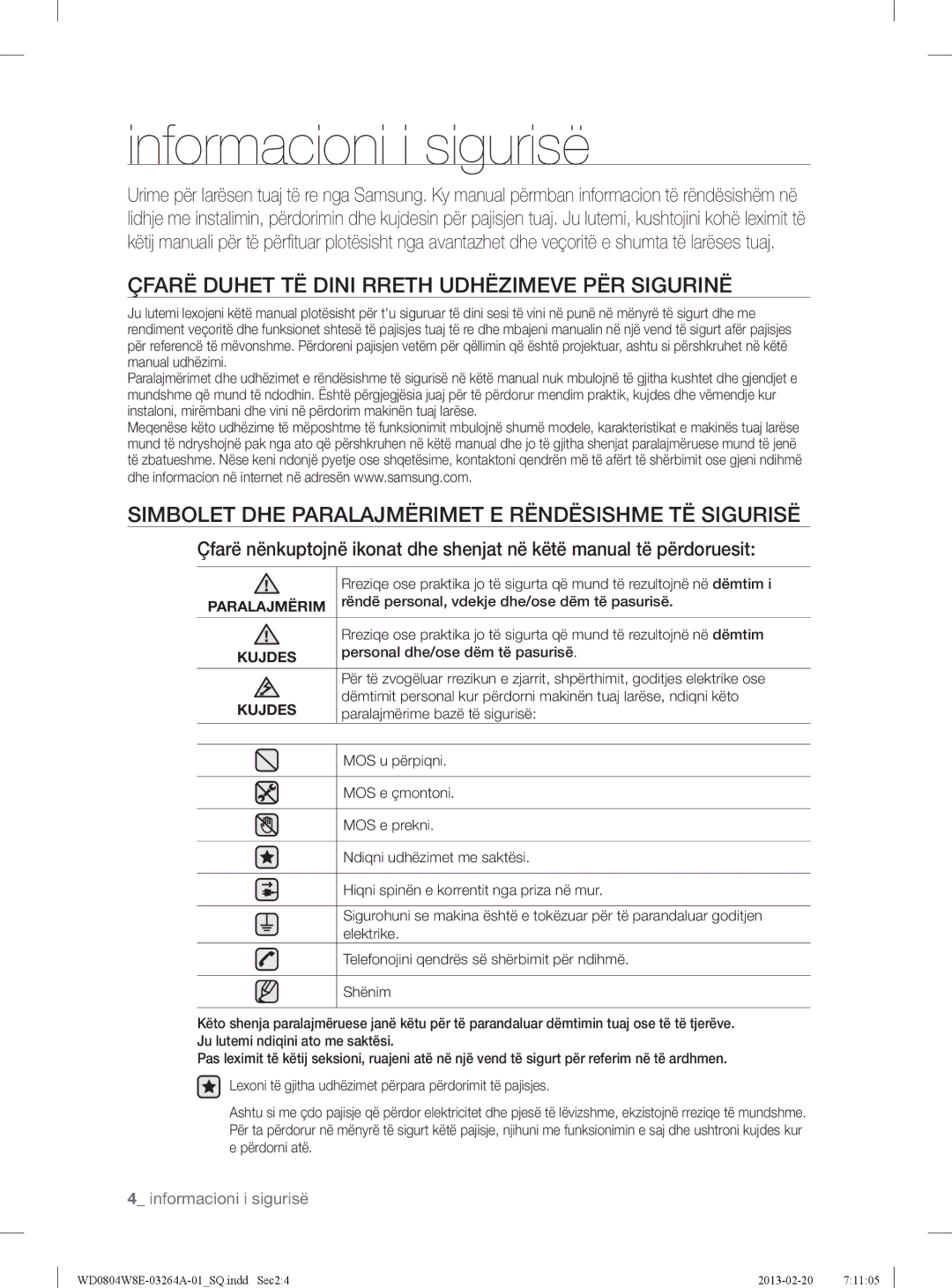 Samsung WD0804W8E/YLE manual Informacioni i sigurisë, Çfarë Duhet TË Dini Rreth Udhëzimeve PËR Sigurinë 