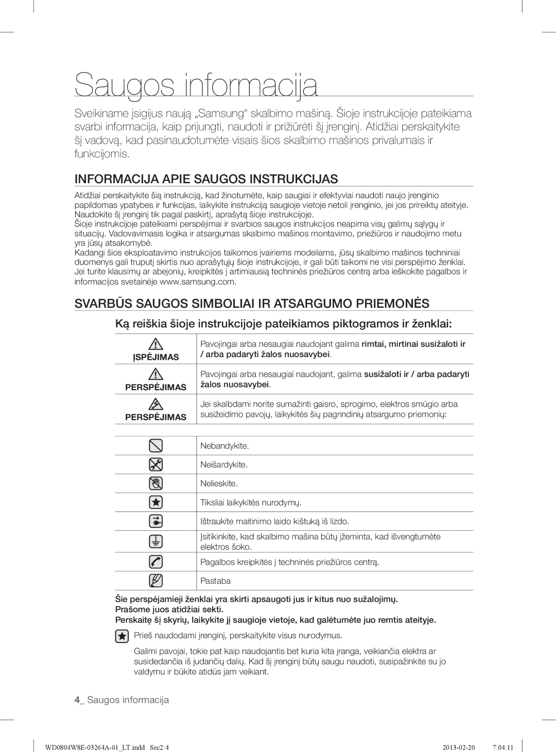 Samsung WD0804W8E/YLE manual Saugos informacija, Informacija Apie Saugos Instrukcijas 