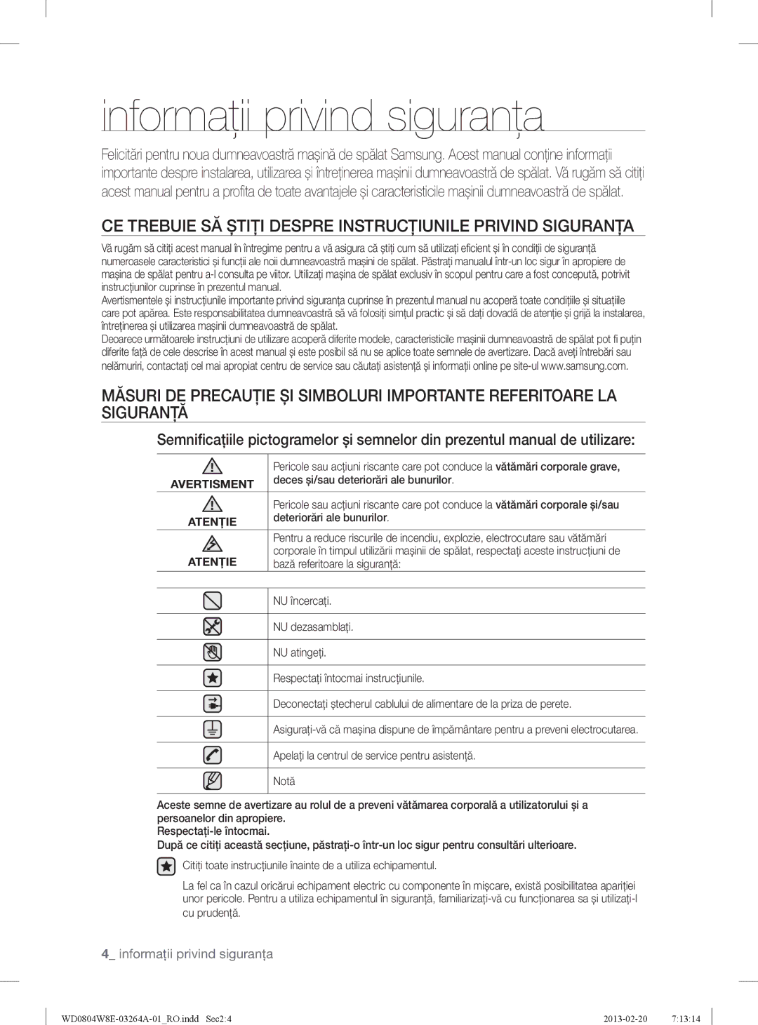 Samsung WD0804W8E/YLE manual Informaţii privind siguranţa, CE Trebuie SĂ Știţi Despre Instrucţiunile Privind Siguranţa 