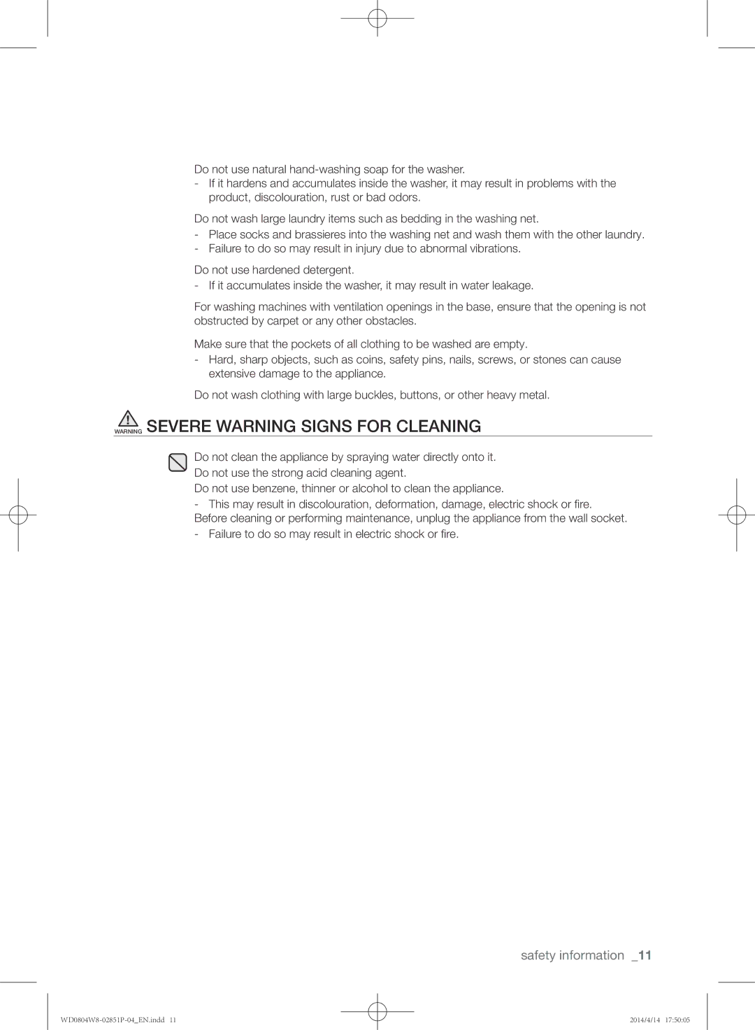 Samsung WD0804W8N/XSG manual Failure to do so may result in electric shock or fire 