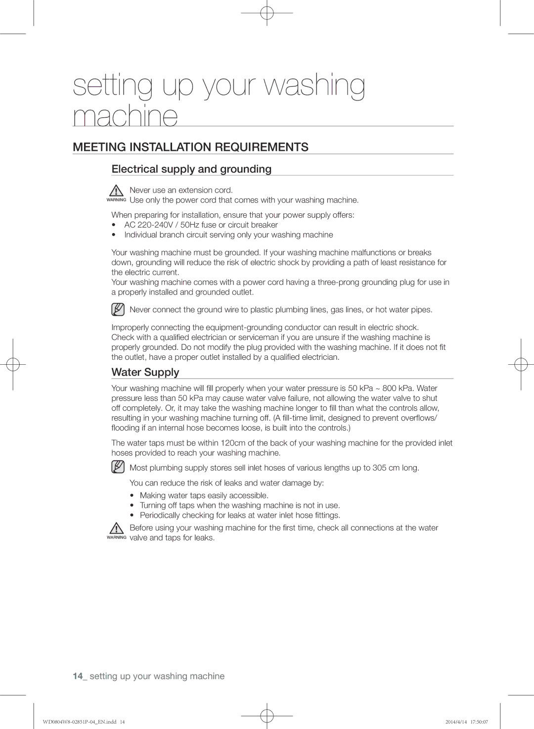 Samsung WD0804W8N/XSG manual Meeting installation requirements, Electrical supply and grounding, Water Supply 