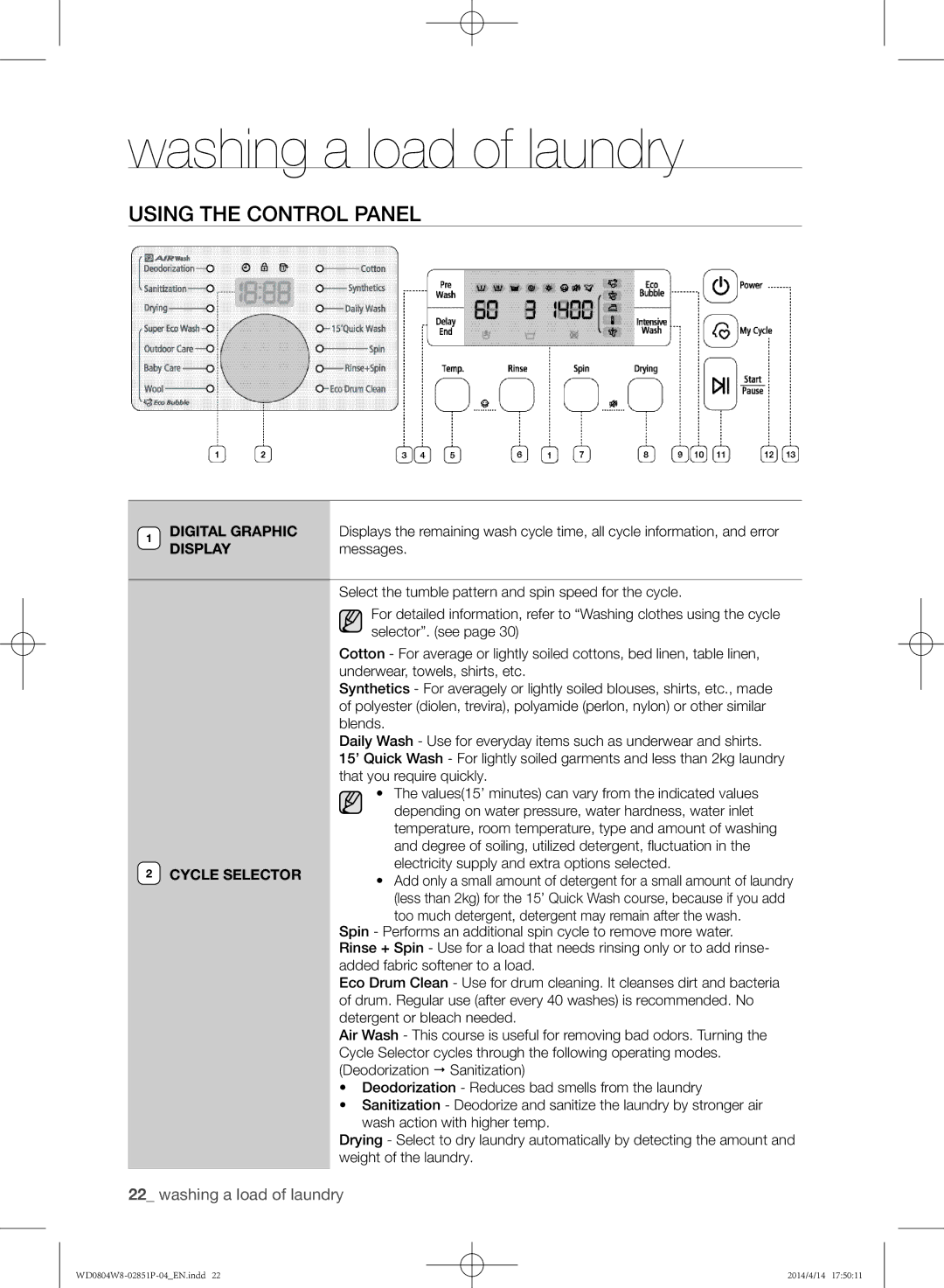 Samsung WD0804W8N/XSG manual Using the control panel, Cycle Selector 