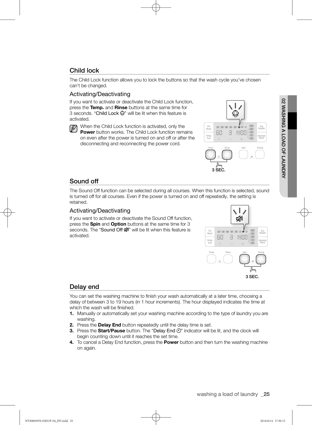 Samsung WD0804W8N/XSG manual Sound off, Activating/Deactivating 