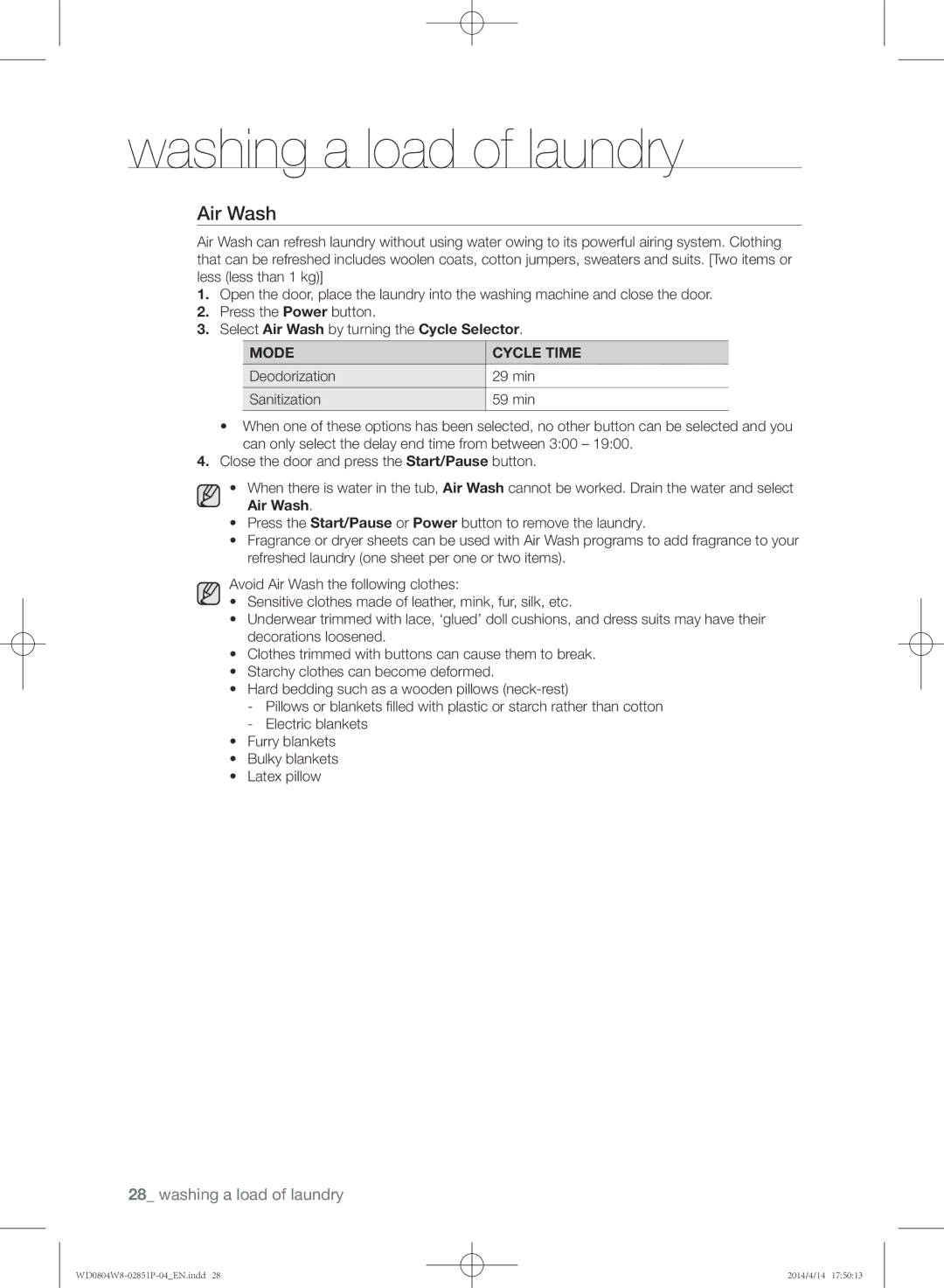 Samsung WD0804W8N/XSG manual Mode Cycle Time 