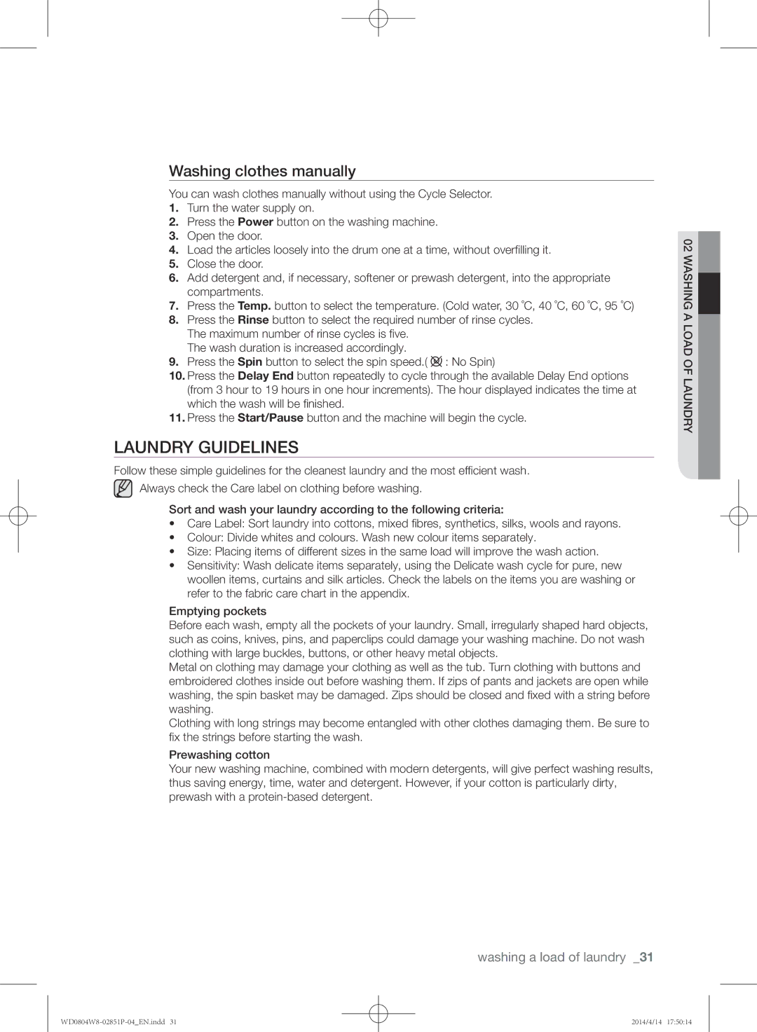 Samsung WD0804W8N/XSG Laundry guidelines, Washing clothes manually 