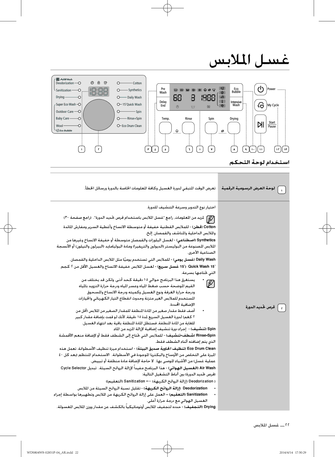 Samsung WD0804W8N/XSG manual مكحتلا ةحول مادختسا, ةيمقرلا ةيموسرلا ضرعلا ةحول, ةرودلا ديدتح صرق 