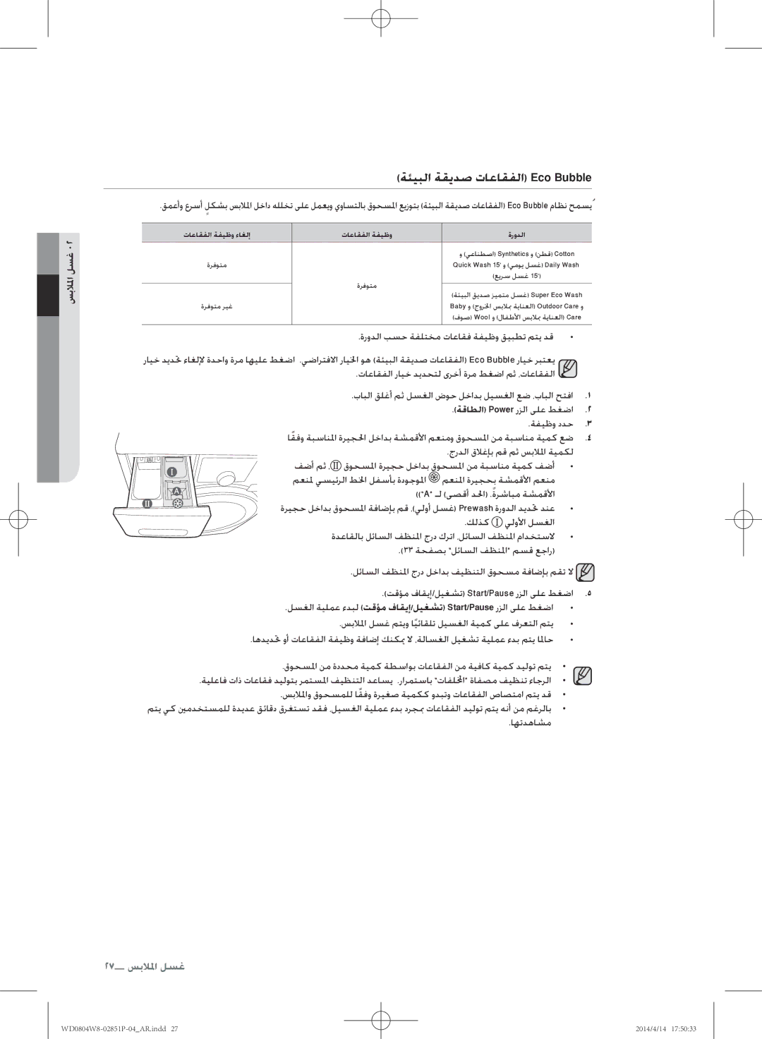 Samsung WD0804W8N/XSG manual ةئيبلا ةقيدص تاعاقفلا Eco Bubble, تاعاقفلا ةفيظو ءاغلإ ةرودلا 