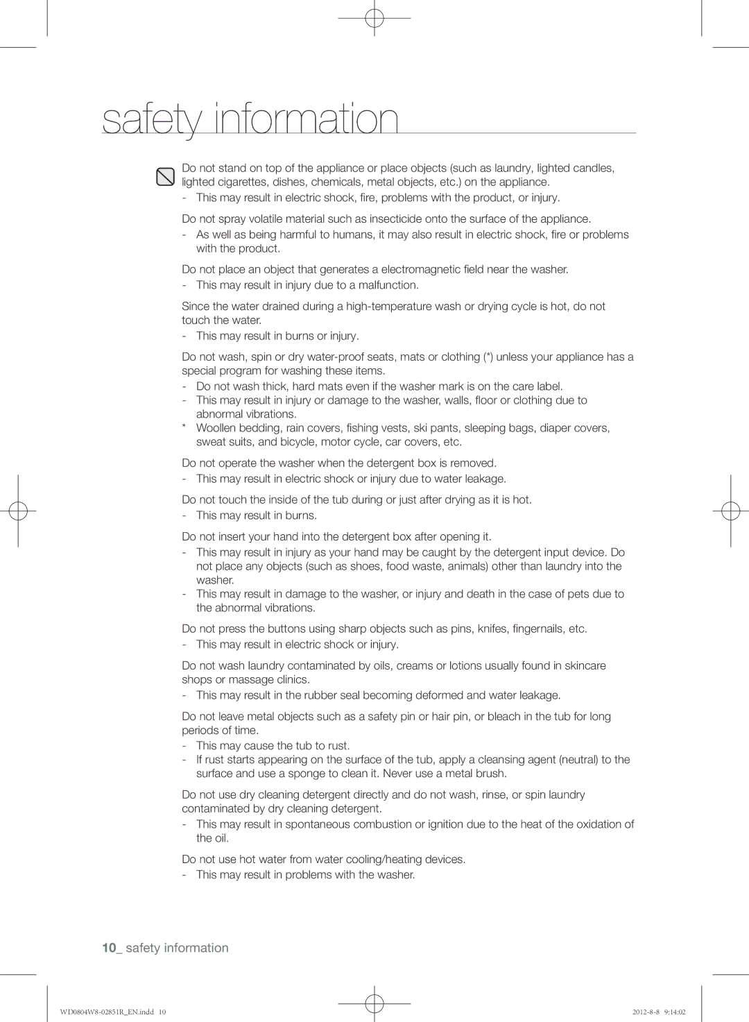 Samsung WD0804W8N/YLO manual Safety information 