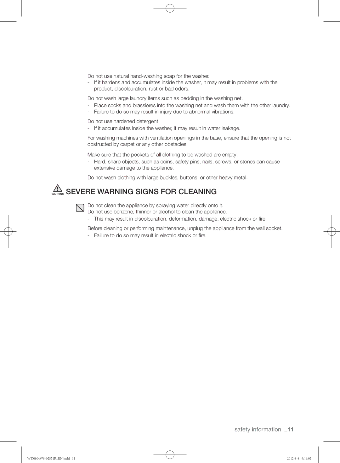 Samsung WD0804W8N/YLO manual Safety information 