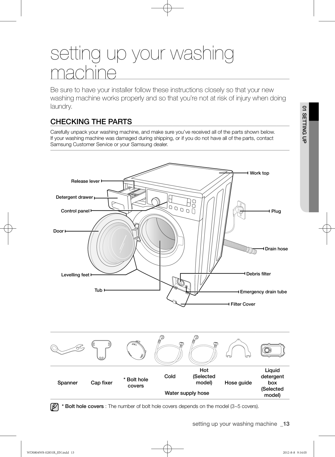 Samsung WD0804W8N/YLO manual Setting up your washing machine, Checking the parts 