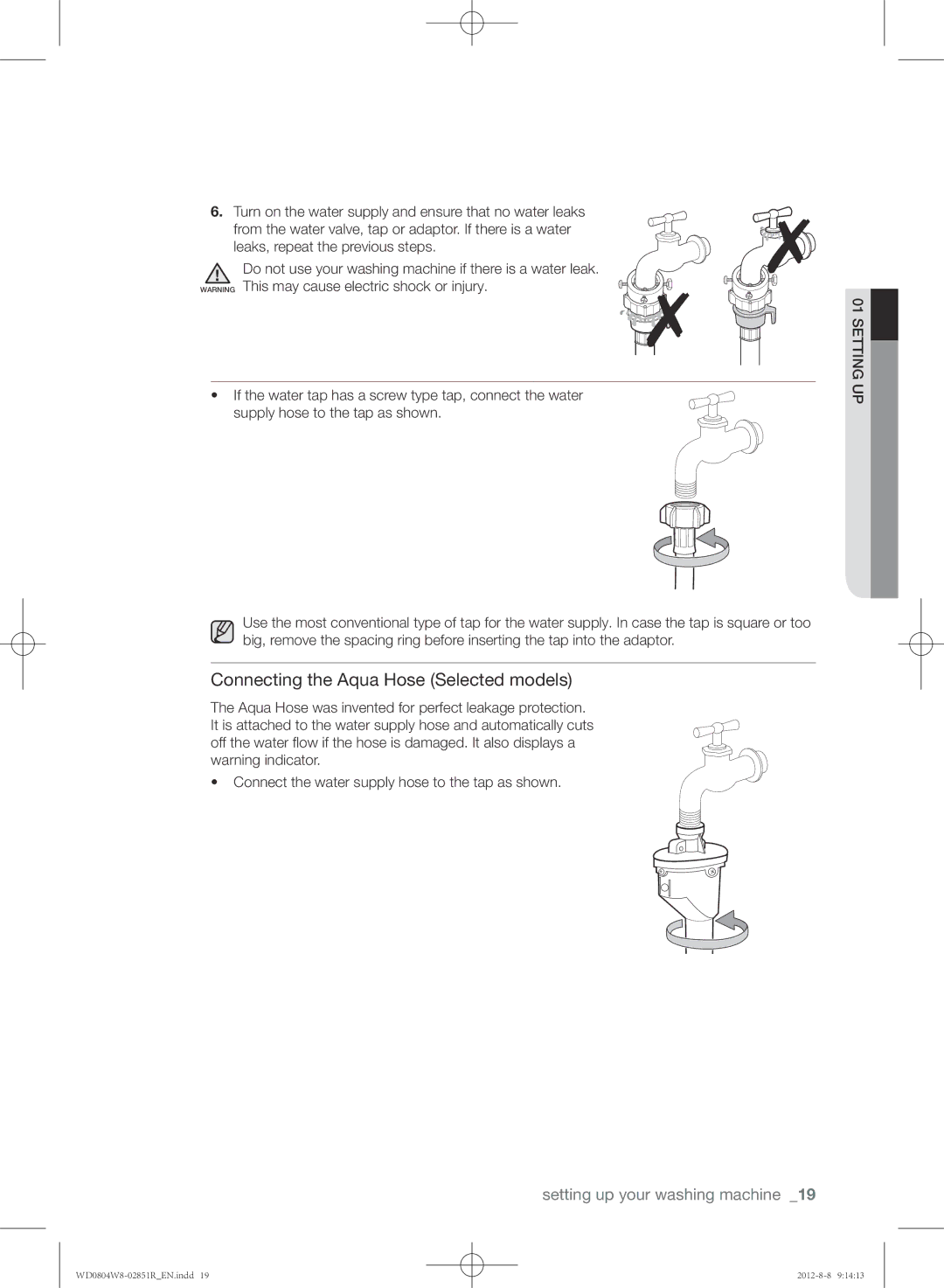 Samsung WD0804W8N/YLO manual Connecting the Aqua Hose Selected models 