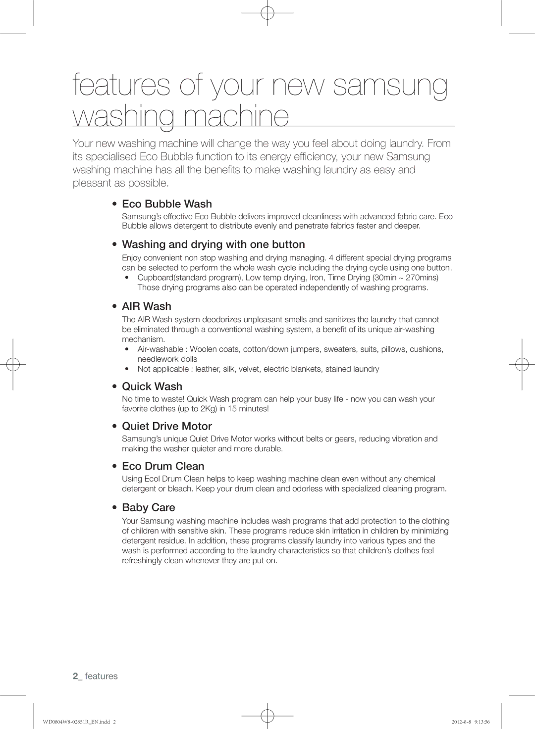 Samsung WD0804W8N/YLO manual Features of your new samsung washing machine 