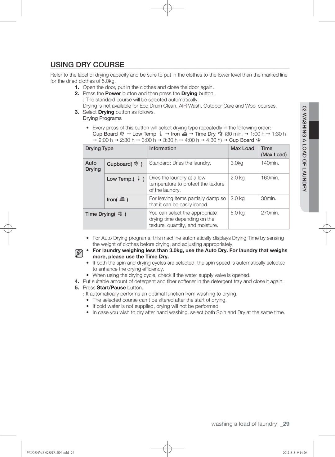 Samsung WD0804W8N/YLO manual Using dry course, 30min 