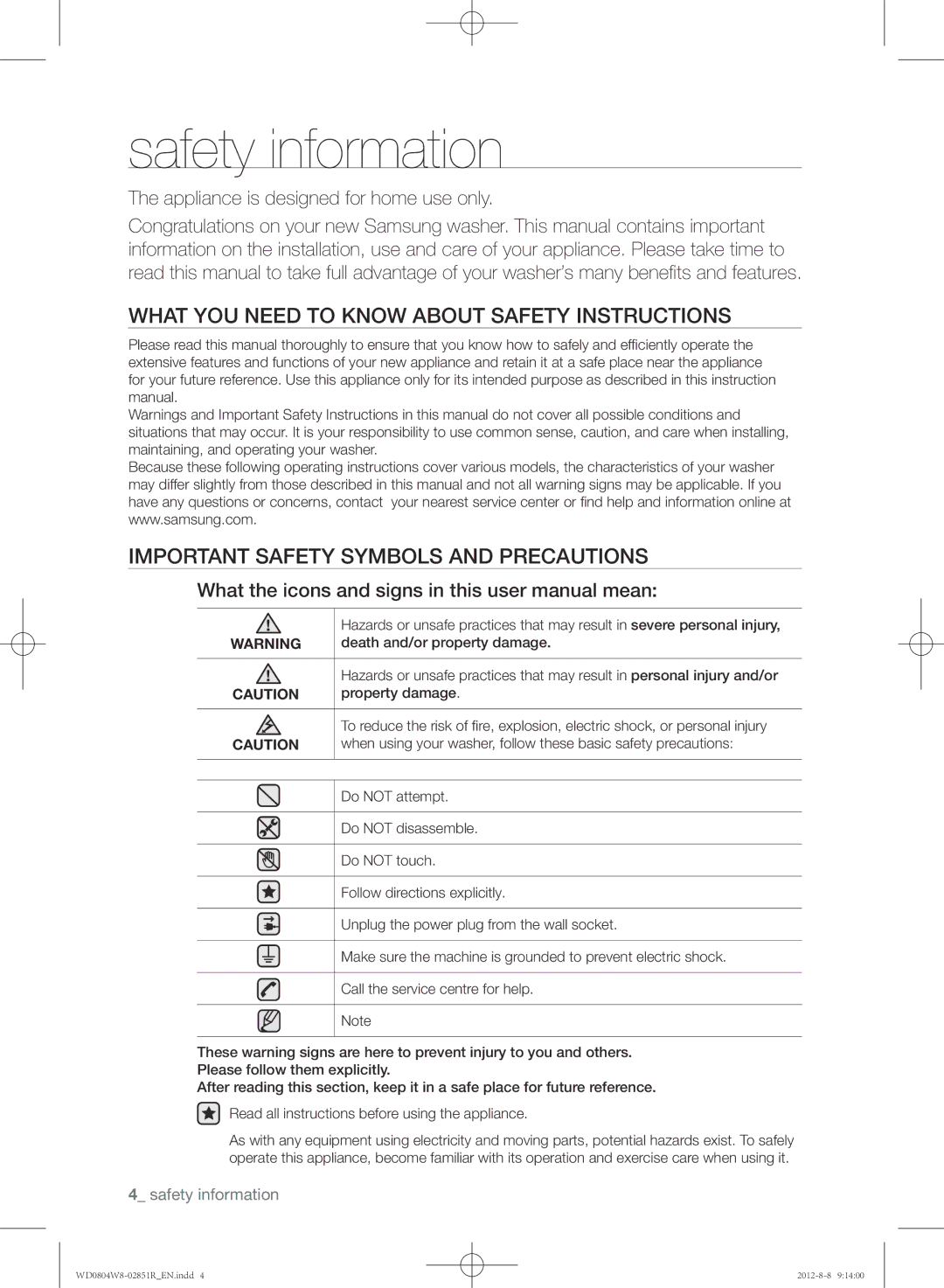 Samsung WD0804W8N/YLO manual Safety information, Appliance is designed for home use only 