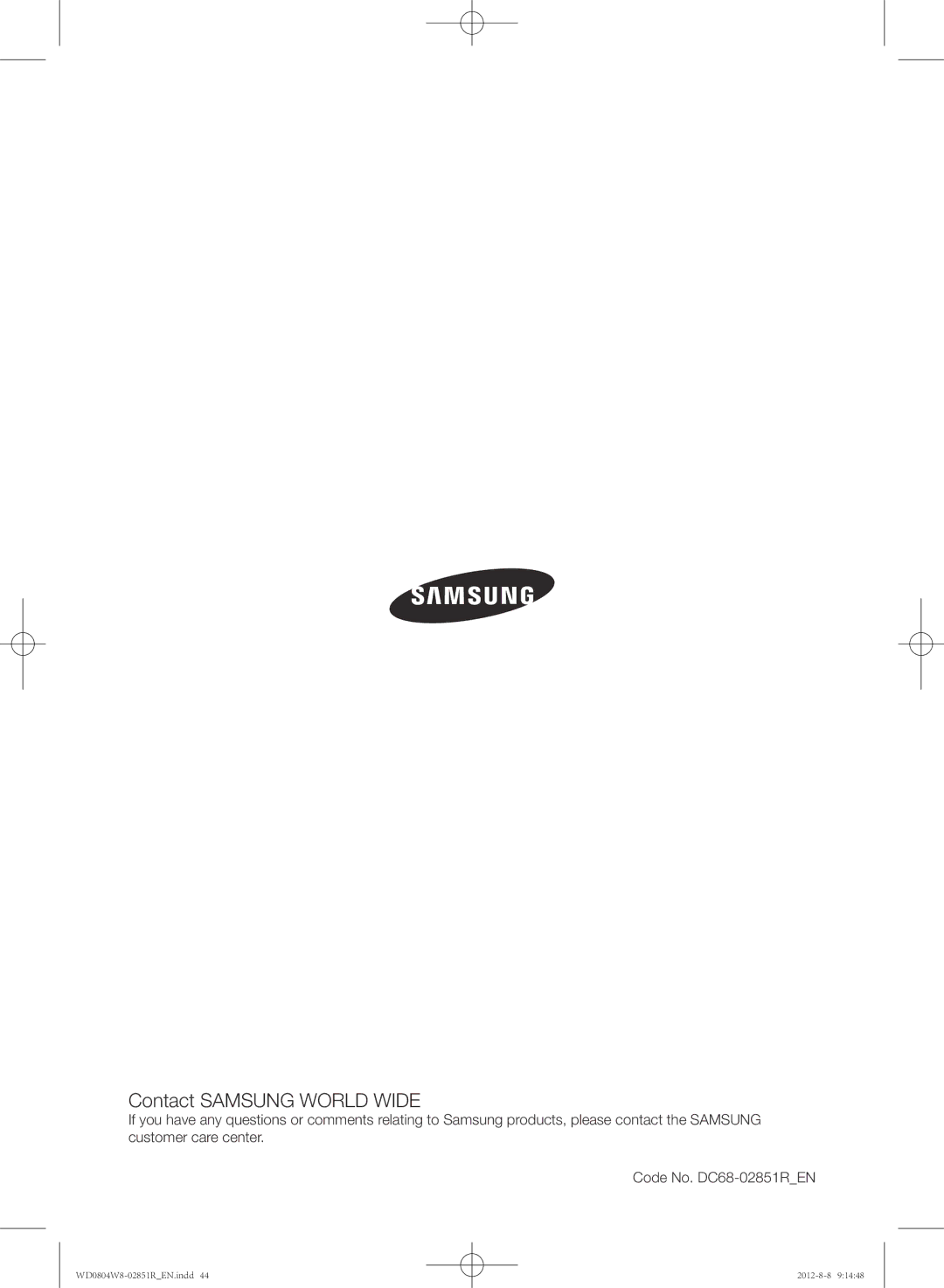 Samsung WD0804W8N/YLO manual Contact Samsung World Wide 