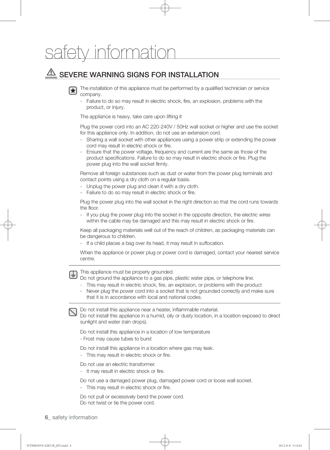 Samsung WD0804W8N/YLO manual Safety information 