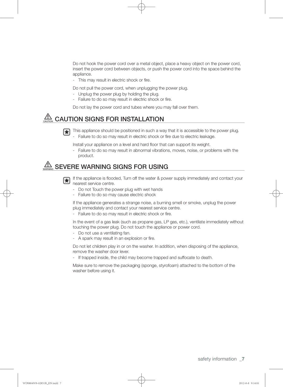 Samsung WD0804W8N/YLO manual Safety information 