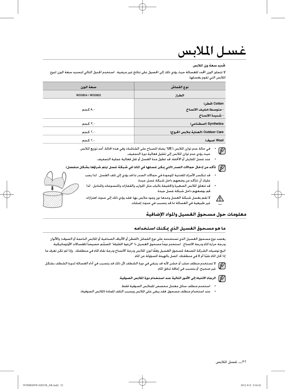 Samsung WD0804W8N/YLO manual ةيفاضلإا داولاو ليسغلا قوحسم لوح تامولعم, همادختسا كنكيم يذلا ليسغلا قوحسم وه ام 