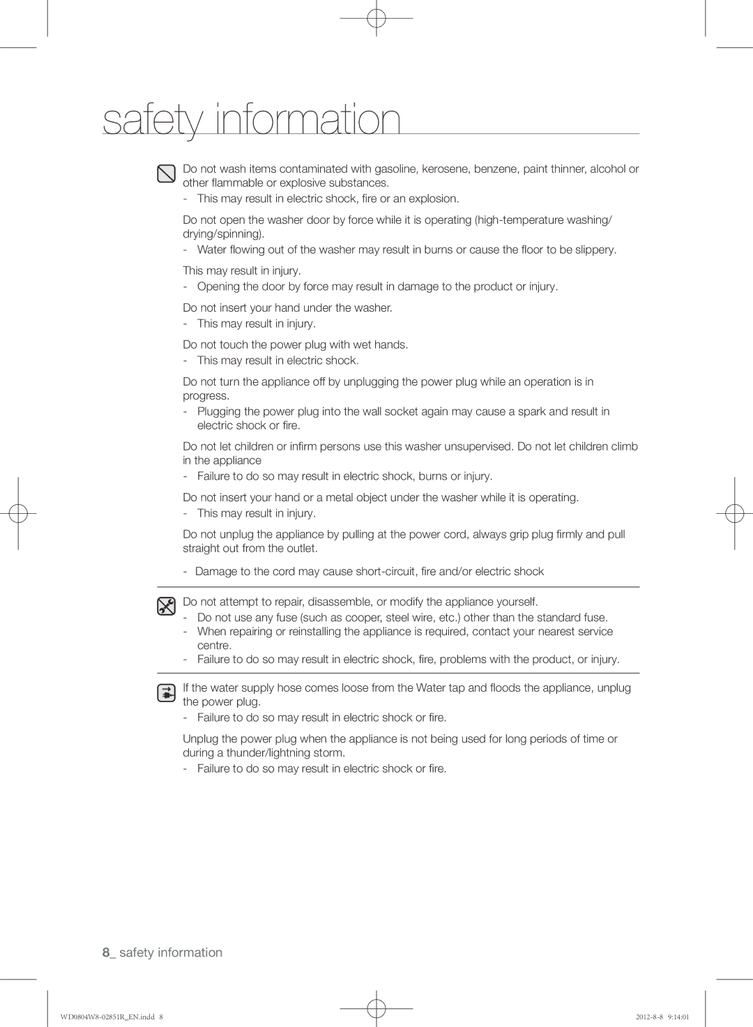 Samsung WD0804W8N/YLO manual Safety information 