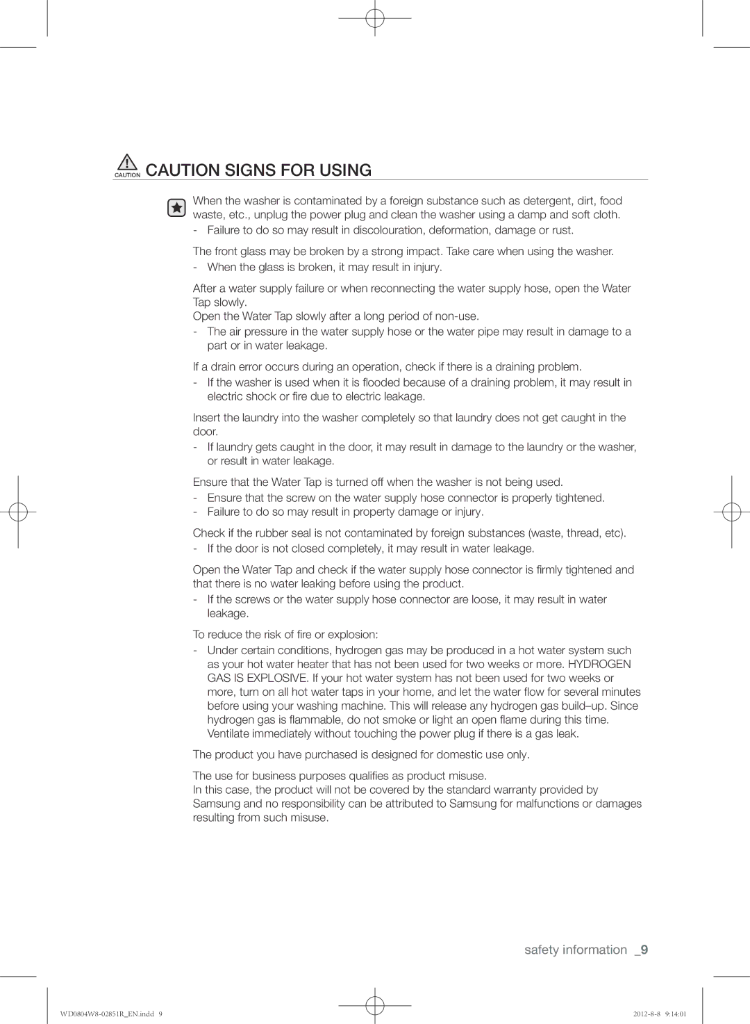 Samsung WD0804W8N/YLO manual Safety information 