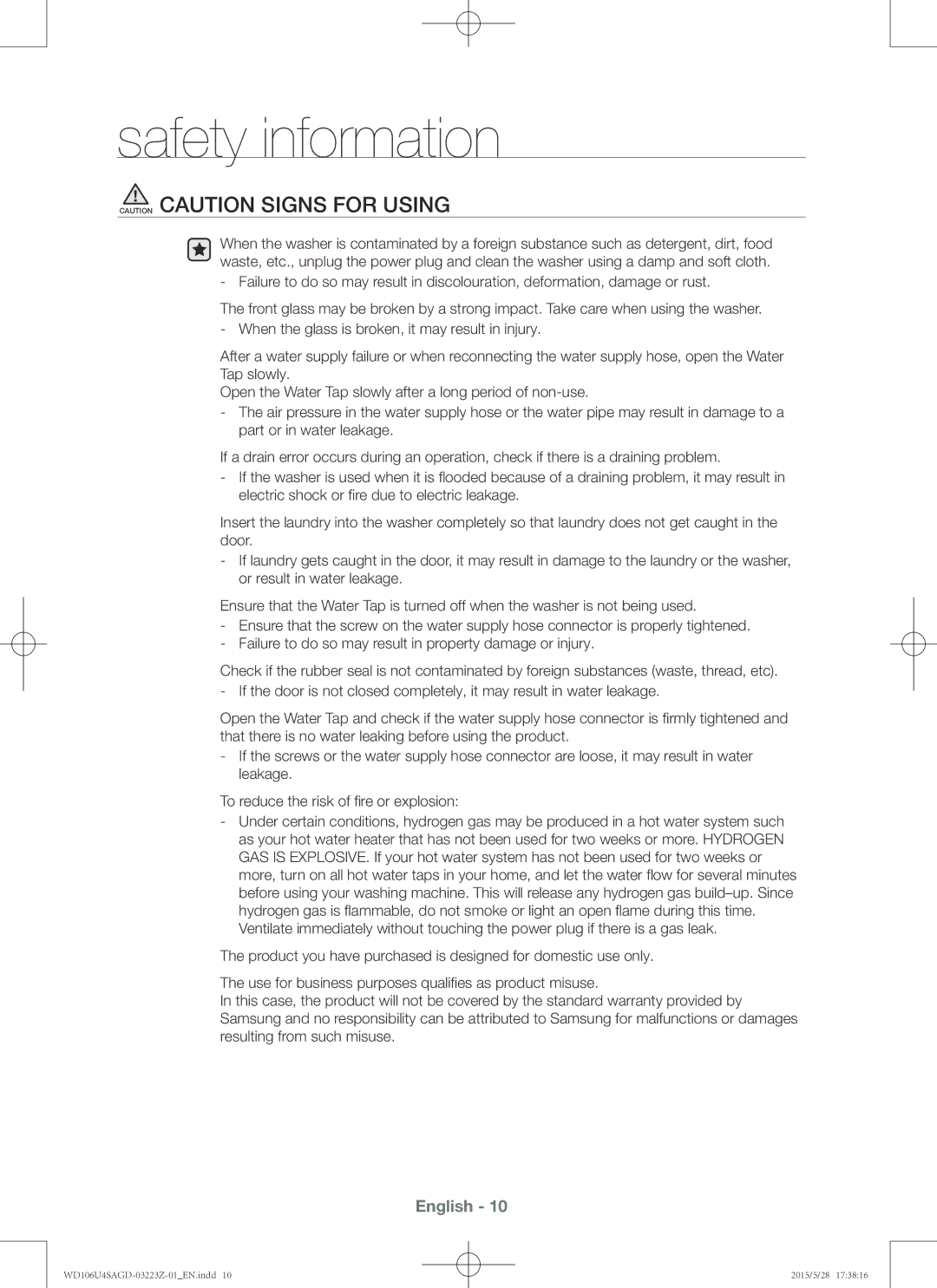 Samsung WD106U4SAGD/SV manual Safety information 