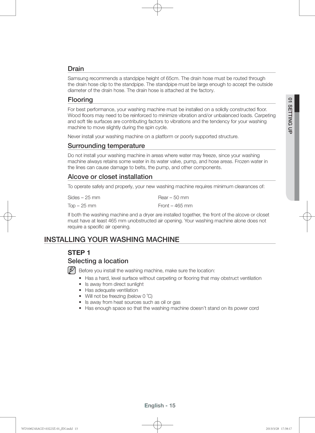 Samsung WD106U4SAGD/SV manual Installing your washing machine 