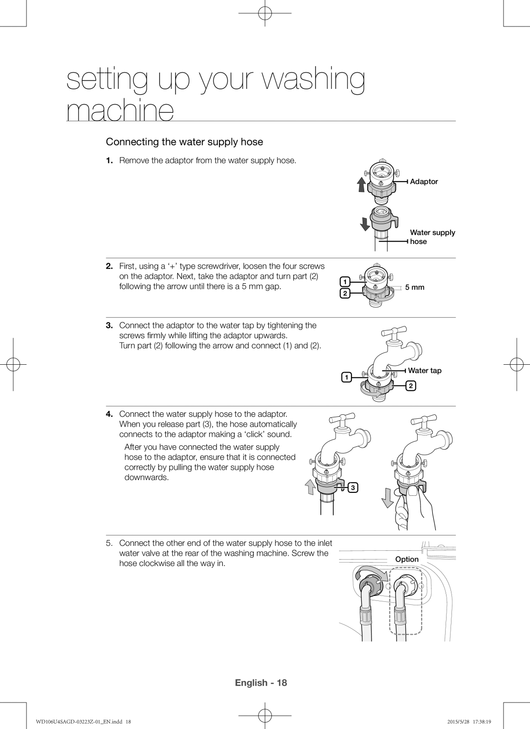 Samsung WD106U4SAGD/SV manual Remove the adaptor from the water supply hose 