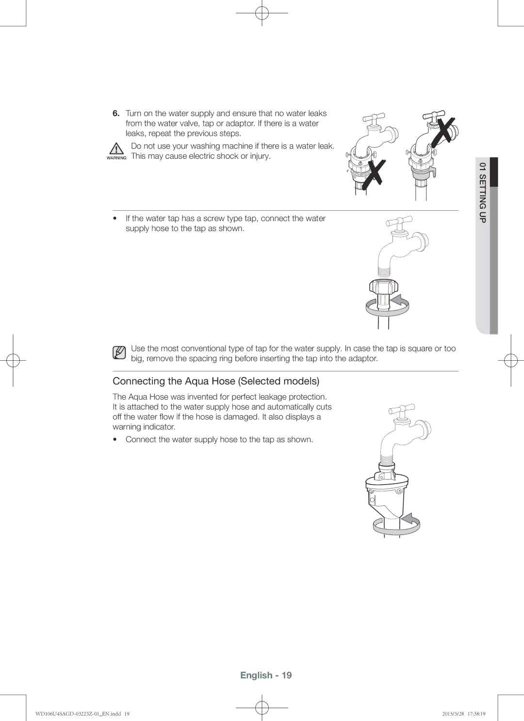 Samsung WD106U4SAGD/SV manual Connecting the Aqua Hose Selected models 