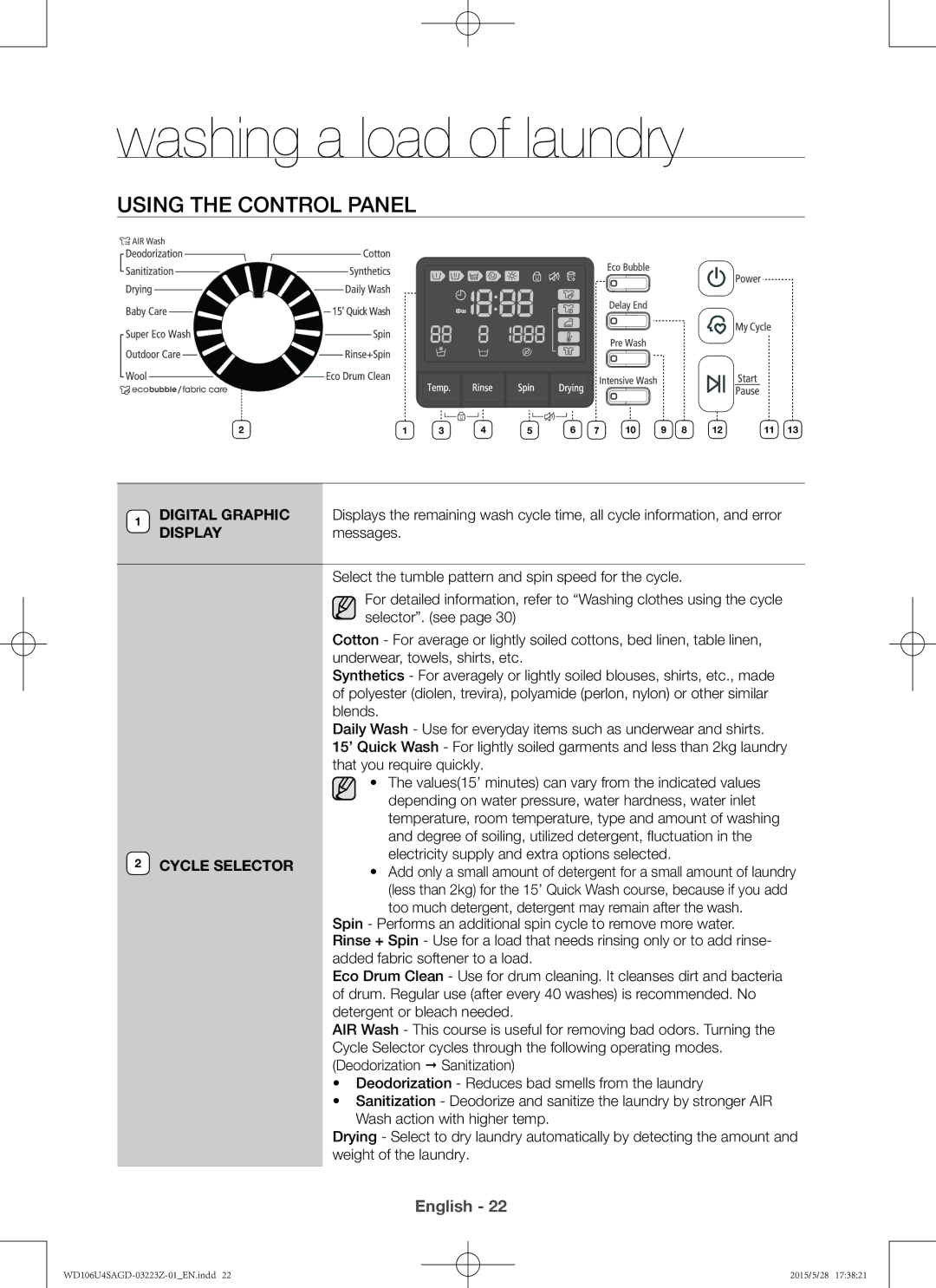 Samsung WD106U4SAGD/SV manual Using the control panel, Cycle Selector 