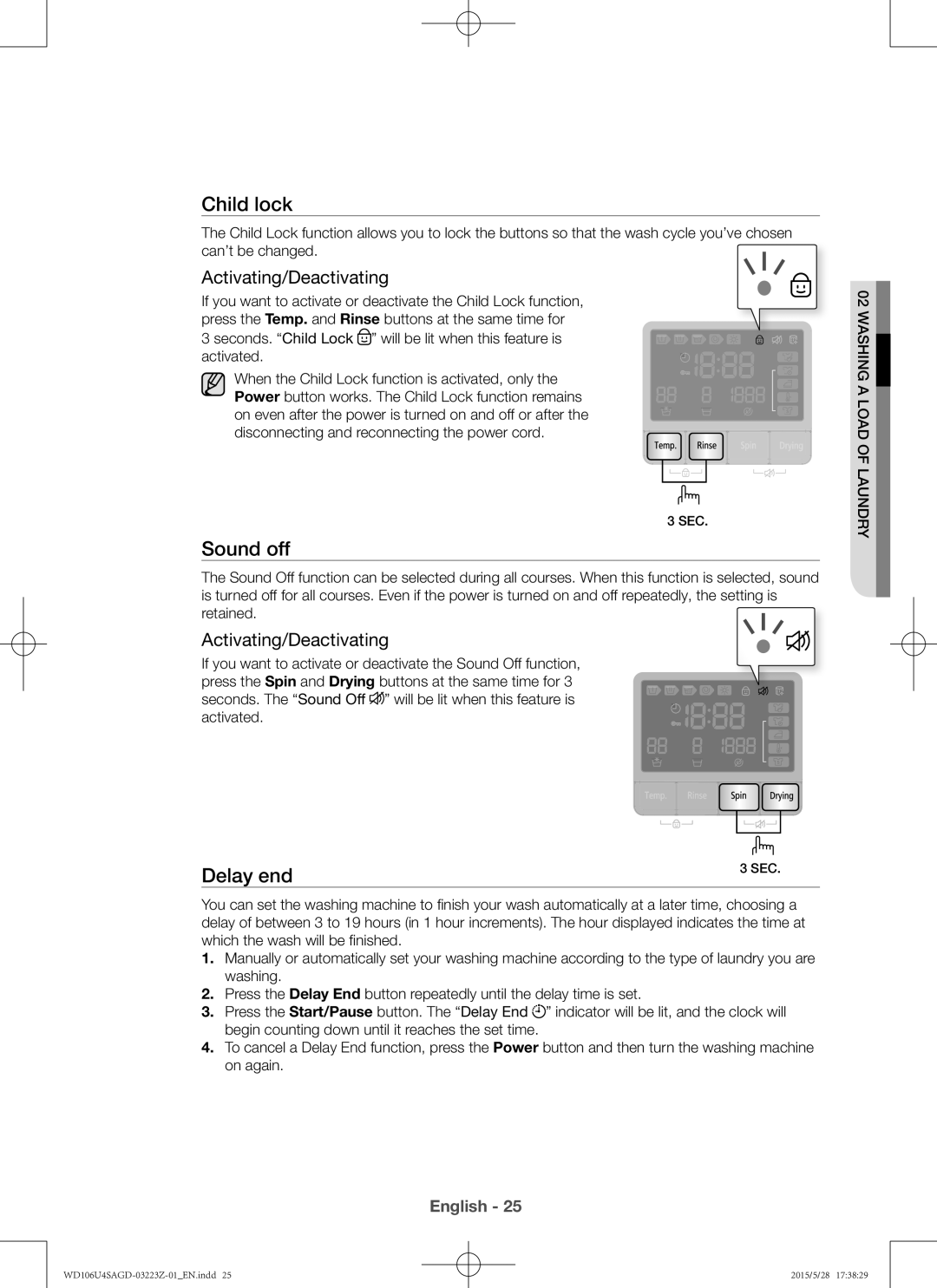 Samsung WD106U4SAGD/SV manual Child lock, Sound off, Delay end 