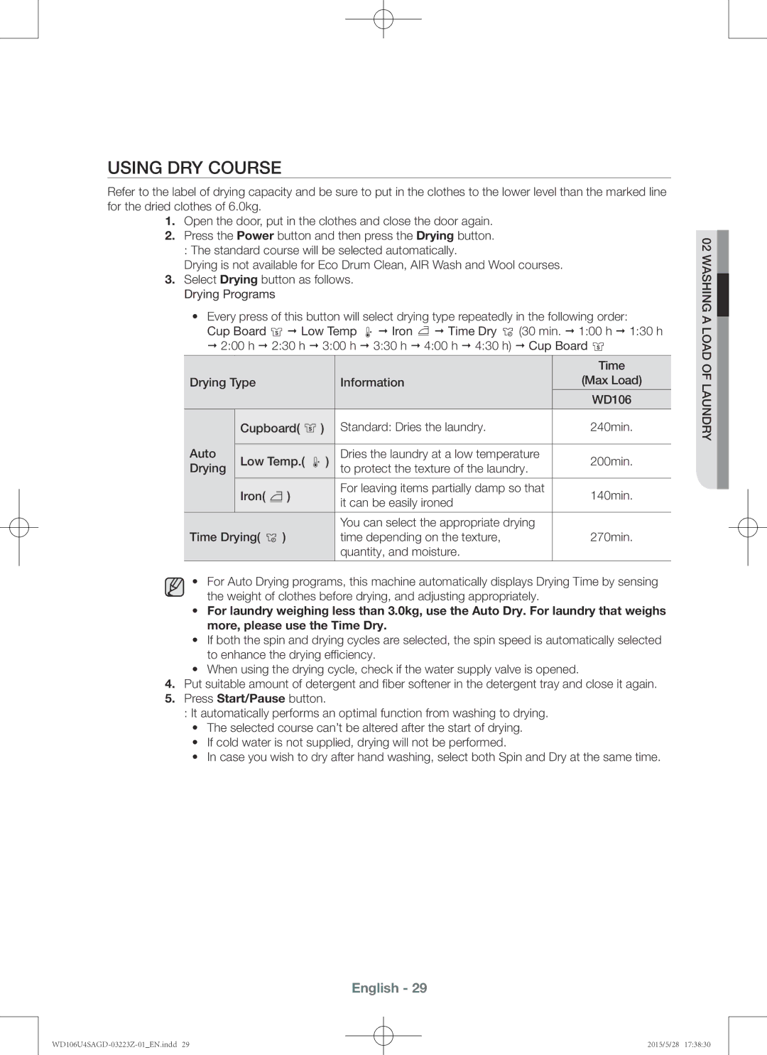 Samsung WD106U4SAGD/SV manual Using dry course 