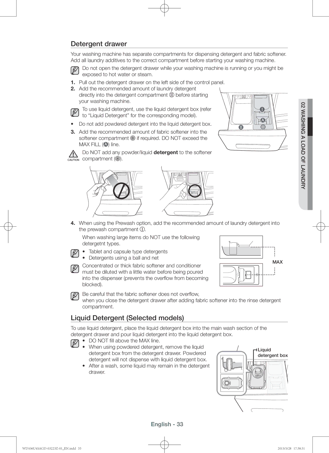 Samsung WD106U4SAGD/SV manual Detergent drawer, Liquid Detergent Selected models 