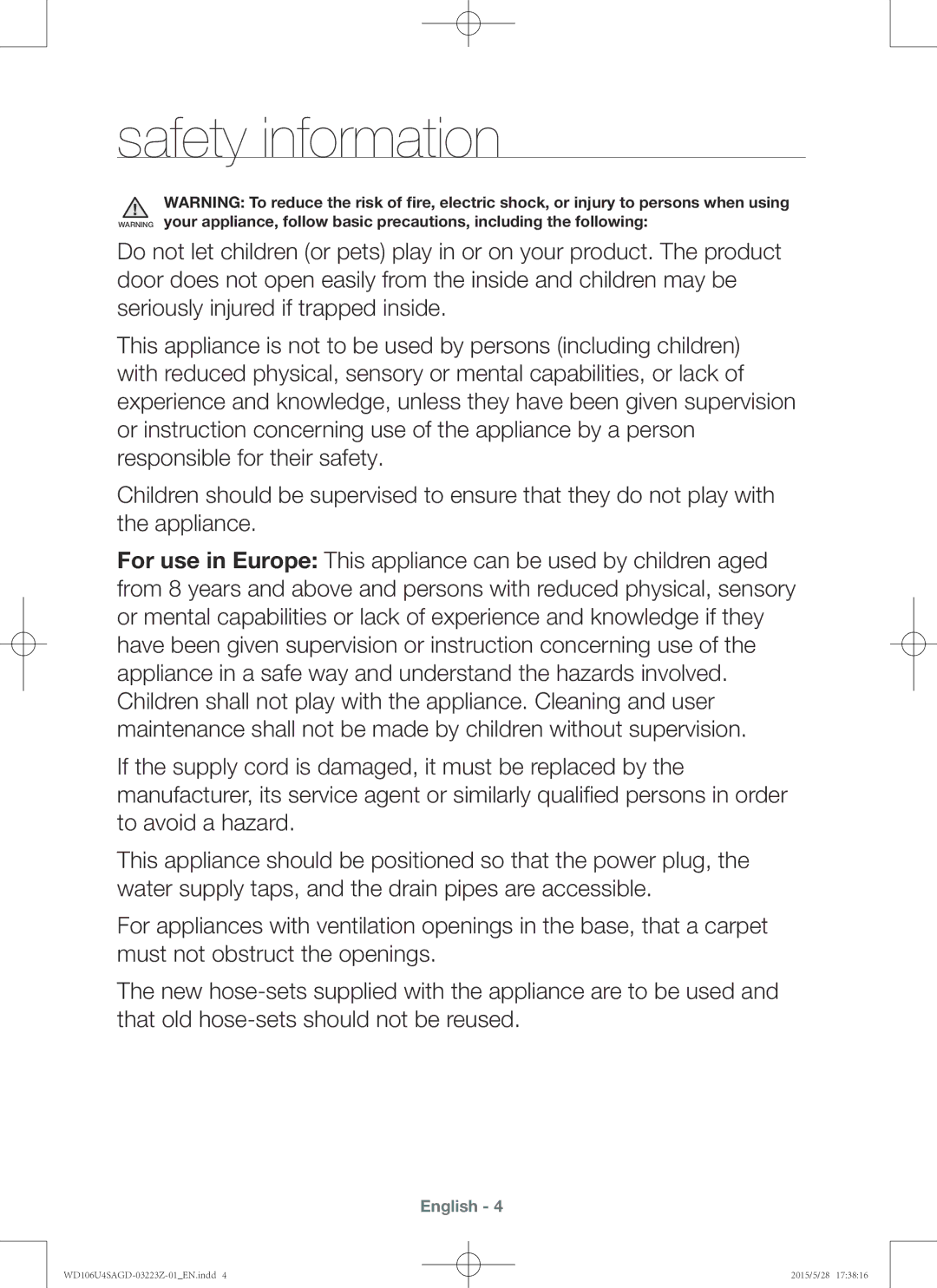 Samsung WD106U4SAGD/SV manual Safety information 